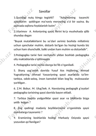 pedagogika tarixi bo'yicha savollar va javoblar — DOCX