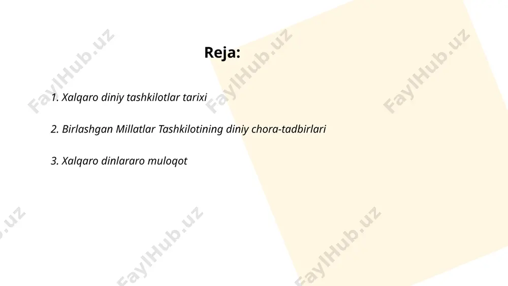 ntsiyalar va tadbirlar butun dunyoda o'tkazilmoqda. statistik ma'lumotlarga ko'ra, 2022 yilda 38 ta davlatda 100 dan ortiq bunday tadbirlar amalga oshirilgan. har yili davlatlararo aloqalar hamda madaniyat va dinlararo dialog markazi tomonidan hisobotlar e'lon qilinadi. shu orqali, 2023 yilda 50 dan ortiq davlat vakillari ishtirok etadigan xalqaro forum tashkil etilishi rejalashtirilgan. ushbu muloqotlar tinchlikni mustahkamlashga, ekstremizmga qarshi kurashga va madaniy ko'priklar o'rnatishga ko'maklashadi. ... t.me/slaydai_bot 4. diniy qochoqlarni himoya qilish 4. diniy qochoqlarni himoya qilish mavzusida, 2021-yil holatiga ko‘ra, bmt qochqinlar bo‘yicha oliy komissari (unhcr) ma’lumotlariga ko‘ra, dunyo bo‘yicha 82,4 million kishi majburiy ko‘chirilgan. shundan, diniy ta'qiblar sababli qochoq maqomida bo‘lganlar soni sezilarli. diniy erkinliklarning cheklanishi tufayli ko‘plab davlatlar diniy qochoqlarga muhofaza taqdim etmoqda. masalan, aqsh har yili diniy ta'qibdan aziyat chekkan yoshlarga, oilalarga maxsus kvotalar ajratadi. yevropa ittifoqi mamlakatlari, masalan germaniya va shvetsiyada diniy qochoqlarga maxsus dasturlar orqali boshpana va huquqiy yordam taklif etiladi. 2019-yilda taxminan 26 million qochoq …