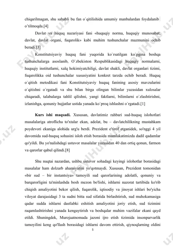 qt davomida dolzarb masalalardan bo'lib keldi. aynan davlat rahbarining so'nggi 4 yil davomidagi sa'y-harakatlari tufayli ushbu masalalarni hal etish borasida muhim o'zgarishlar yuz bermoqda. ushbu sohadagi islohotlar harakatlar strategiyasining beshta ustuvor yo'nalishidan biri sifatida belgilangan. islohotlar sudyalarni o'ziga xos bo'lmagan funksiyalarni bekor qilish, sud organlarining samarali ishlashiga to'sqinlik qiluvchi elementlarni bartaraf etishga qaratilgan, chunki bu omillar sudning davlat hokimiyatining boshqa tarmoqlaridan mustaqil bo'lishiga to'sqinlik qiladi, natijada xalqning sud tizimiga bo'lgan ishonchi kamayadi. shu munosabat bilan prezident tomonidan bildirilgan ushbu tashabbuslar davlat va jamiyatning sud-huquq sohasidagi ishlar holatini yanada yaxshilash, adolatni ta'minlash va mamlakatda odil sudlovga nisbatan bo'lgan ishonchni mustahkamlash uchun yangi imkoniyatlar eshigini ochish tarafdori ekanini yana bir bor tasdiqlamoqda.[9] endi, xalq uchun aniq ijobiy natijalarga kelsak, bunda yettita jihatni ta'kidlab o'tish maqsadga muvofiq. birinchidan, joriy yildan boshlab fuqarolik, iqtisodiy va jinoyat ishlari bo'yicha viloyat darajasidagi 3 ta sud bitta sudga birlashtiriladi. bu yangilik aholi va tadbirkorlarga katta qulayliklarni yaratadi.[6] …