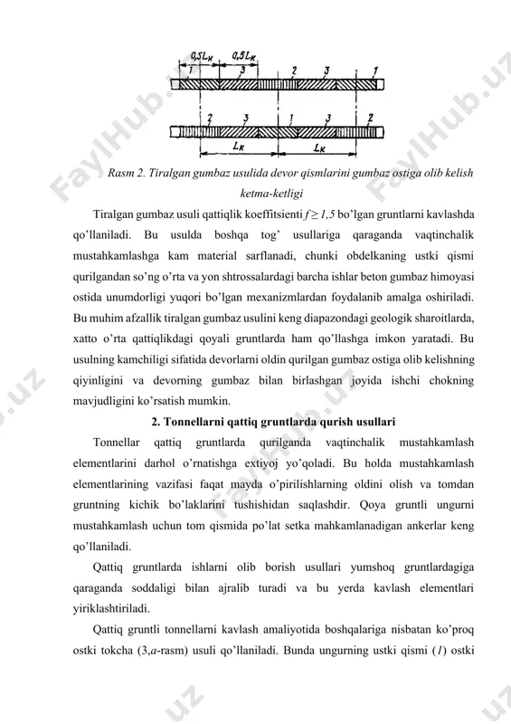 bo’yicha odatda zaxodka o’lchamiga teng qabul qilinadi. shu tufayli portlatish paytida gruntning katta qismi pastga qulaydi. bu grunt ostki gorizontda ishlayotgan mashina yordamida transport vositalariga yuklanadi. kavlangan gruntning hajmi katta bo’lganida ustki gorizontdagi yuklash mashinasi ishlashiga yetarli joy bo’lishi uchun tokcha uzaytiriladi. bu yuklash mashinasidan gruntni transporterga yoki ostki tokcha yaqinida ish joyini berkitib turgan konveyerlar tizimiga uzatish qulay bo’ladi. shu tufayli ustki gorizontdan gruntni yuklash ostda bajarilayotgan ishlarga xalaqit bermaydi. ostki tokcha uzun bo’lganida ishlarni tashkil qilish birmuncha murakkablashadi, lekin bu ostda bajarilayotgan ishlarga xalaqit qiladi. rasm 3. qattiq gruntlarda tonnel qurish usullari: a - ostki tokcha usulida; b - yaxlit zaboy usulida; v - markaziy shtolnya usulida beton obdelka iii ostki gorizont zaboyidan birmuncha uzoqlikda quriladi, chunki bu gruntni kavlash va betonlash jarayoniga o’zaro xalaqit bermaydi. yaxlit zaboy usuli (3,b-rasm) qisqa ostki tokcha usuliga ko’p jihatdan o’xshaydi. zaboyning bir tekislikda bo’lganligi avtomatik boshqarish bilan ta’minlangan, og’ir, yuqori unumdorli …