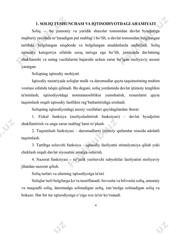 daromadlarining asosi, balki iqtisodiy siyosatni amalga oshirishdagi eng muhim vositalardan biridir. u orqali davlat o‘zining fiskal, ijtimoiy va iqtisodiy funksiyalarini bajaradi. iqtisodiyotni tartibga solishda, investitsiya muhitini yaxshilashda, ijtimoiy adolatni ta'minlashda va iqtisodiy barqarorlikni saqlashda soliqlarning ahamiyati beqiyosdir. shu boisdan, har qanday zamonaviy davlatda soliq tizimining to‘g‘ri tashkil etilishi va rivojlanishi iqtisodiyotning sog‘lom ishlashini belgilovchi asosiy omillardandir.[footnoteref:1] [1: g‘ulomov, r. (2021). soliq va byudjet siyosati. toshkent: o‘zbekiston moliya nashriyoti.] 2. soliq tizimining asosiy turlari va funksiyalari soliq tizimi — bu davlat tomonidan belgilangan soliq turlari, ularni undirish usullari, soliq stavkalari, soliq organlari, qonunchilik me’yorlari hamda soliq siyosatini amalga oshiruvchi institutlarning yagona majmuasidir. soliq tizimi davlatning moliyaviy-iqtisodiy siyosatida markaziy o‘rinni egallaydi va uning rivojlanish darajasi bevosita mamlakat iqtisodiyotining barqarorligiga bog‘liqdir. soliq tizimining tarkibiy elementlari soliq tizimining asosini quyidagi elementlar tashkil etadi: soliq turlari (daromad solig‘i, qqs, aksiz solig‘i, mulk solig‘i, ekologik soliq va boshqalar); soliq to‘lovchilari (jismoniy va yuridik shaxslar) soliq obyektlari …