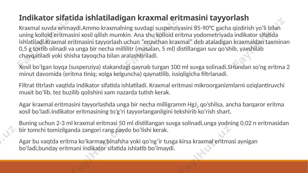 giga erishish kerak. eritmaning o’ta titrlanmaganligiga to’liq ishonch xosil qilish uchun byuretkadan qancha natriy tiosulfat sarflanganligini yozib olgandan so’ng eritmaga bir tomchi mis sulfat eritmasidan soling,agar eritma o’ta titrlangan bo’lsa,barqaror ko’k rang paydo bo’ladi. /docprops/thumbnail.jpeg