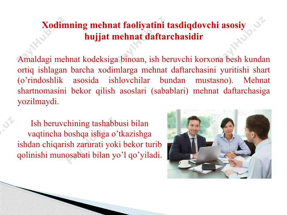 ijasida hodimning sog’lig’iga yetkazilgan zararni ish beruvchi, basharti zarar uni bartaraf qilish mumkin bo’lmagan kuchlar tufayli yoki jabrlanuvchi qasddan qilganligi oqibatida kelib chiqqanligini isbotlab berolmasa, to’lashi shart. 1. o`zbekiston respublikasining konstitutsiyasi. t. «adolat» 2014 y. 2. o`zbekiston respublikasining «mehnat kodeksi». t. «adolat» 2014 y. 3. o`zbekiston respublikasining mehnat huquqi. oliy o`quv yurtlari uchun darslik. a.a.inoyatov. –t. «iqtisodiyot va huquq dunyosi» 2002 y. 4. o`zbekiston respublikasi mehnat qonunchiligi bo`yicha me`yoriy huquqiy hujjatlar to`plami. toshkent, «iqtisodiyot va huquq dunyosi», 2006 y. 5. gasanov m.yu. , sokolov e.a., «o`zbekiston respublikasida mehnat shartnomasi (kontrakti)», t. 1-2-3, 1996 y. adabiyotlar ro`yxati: image2.jpeg image3.jpeg image4.jpeg image5.jpeg image6.jpeg image7.jpeg image8.jpeg image9.jpeg image10.jpeg image1.jpeg