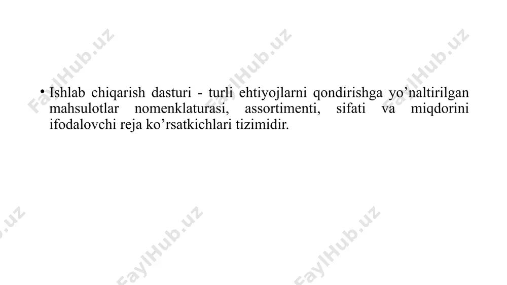 dagi ulgurji baholarda rejalashtiriladi. yalpi mahsulot tayyor bo’lish darajasiga boliq bo’lmagan holda ishlab chiqarilgan jami mahsulot hajmidir. yalpi mahsulot quyidagi formula orqali aniqlanishi mumkin. yam=tm+(nyo-nyb) bu yerda: nyo – yil oxiridagi tugallanmagan ishlab chiqarish qoldig’i; nyb – yil boshidagi tugallanmagan ishlab chiqarish qoldig’i. tugallanmagan ishlab chiqarish qoldig’i buxgalteriya hisobi yoki enventarizatsiya ma’lumotlari bo’yicha aniqlanadi. bunda quyidagi formuladan ham foydalanish mumkin: tich=vs*ts*tm* ko’ bu yerda: vs – o’rtacha sutkalik ishlab chiqarish hajmi, natural ifodada; ts – ishlab chiqarish sikli davomiyligi, kun; тм – mahsulot birligi tannarxi, so’m; ko’ – xarajatlarning o’zgarishi koeffitsienti (0,65-0,75). yetkazib berish shartnomalar asosida hisoblanadigan va korxona faoliyati samaradorligini belgilab beradigan “sotilgan mahsulot hajmi” ko’rsatkichiga e’tibor qaratiladi. sotilgan mahsulot hajmi quyidagi formula asosida aniqlanadi: sm=tm+(qyb-qyo) bu yerda: qyb, qyo – yil boshi va yil oxirida korxona omborxonasidagi tayyor mahsulot qoldig’i, ming so’m. zahiralar hajmini uchta asosiy omil belgilab beradi: kundalik material iste’mol hajmi; material sarflanish xarakteri (iste’molning barqarorligi); …