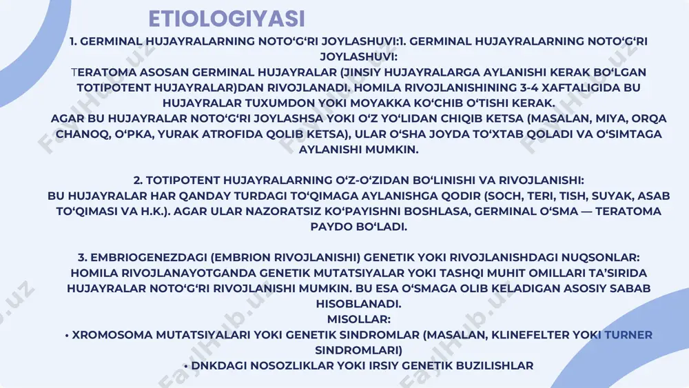 chiqarish yomonlashadi • arterial gipertenziya rivojlanadi ↓ 8. umumiy klinik belgilar: • holsizlik • ishtahasizlik • anemiya • ozib ketish klinikasi bolalarda nefroblastomaning davolash tartibi (ketma- ketligi): nefroblastoma — kompleks yondashuvni talab qiladigan malign buyrak o‘smasi. davolashda jarrohlik, kimyoterapiya va radioterapiya usullari birgalikda qo‘llaniladi. davolash rejasi kasallikning bosqichi, bolaning yoshi va o‘smaning xususiyatlariga qarab belgilanadi. 1. tashxisni aniqlash va bosqichini baholash: • kt, mrt, utt va biopsiya orqali o‘sma turi va tarqalishi aniqlanadi • shundan keyin bosqichlash (i–v bosqich) amalga oshiriladi 2. jarrohlik aralashuvi (nefrorektomiya): • asosiy davolash bosqichi • butun buyrak (va o‘sma) olib tashlanadi: radikal nefroektomiya • agar ikkinchi buyrak sog‘lom bo‘lsa, faqat kasallangan buyrak chiqariladi • jarrohlik vaqtida limfa tugunlari ham tekshiriladi 3. kimyoterapiya: a) operatsiyadan keyin (adjuvant): • katta o‘sma, tarqalgan holatlar yoki xavfli shakllarda • vincristin, dactinomycin, doxorubicin preparatlari qo‘llaniladi b) operatsiyadan oldin (neoadjuvant): • agar o‘sma juda katta bo‘lsa yoki uni birdan olib tashlash …