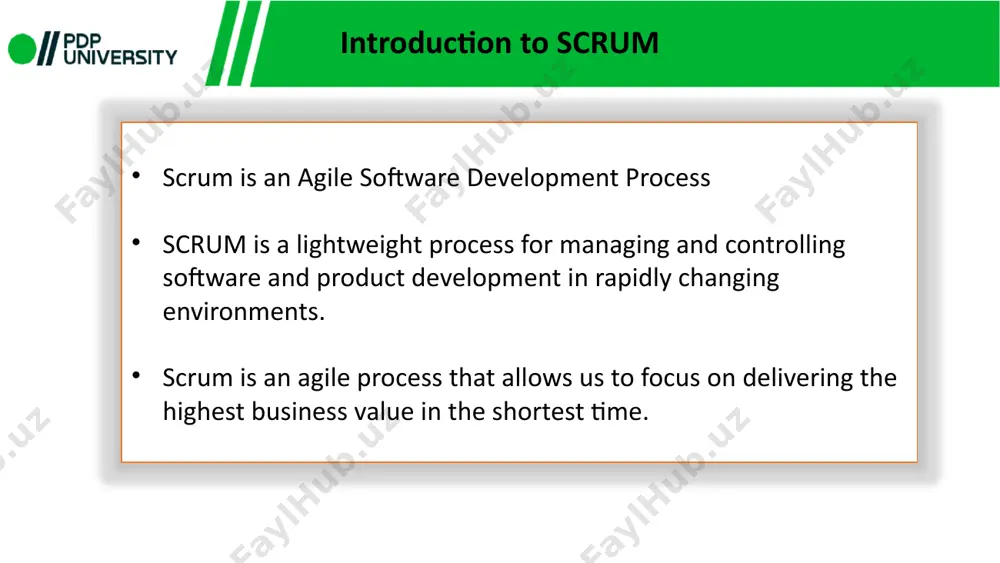 ocess user involvement summary scrum offers: a high degree of flexibility promises a high probability of success scrum benefits: an anticipating culture increases the sense of urgency promotes the sharing of knowledge encourages dense communications facilitates honesty among developers thank you !!! image1.png image2.png image3.png image4.png image5.jpeg image6.jpeg image7.png image8.png image9.png image10.jpeg image11.png image12.png image13.png image14.png image15.png image16.png image17.png image18.png image19.jpeg