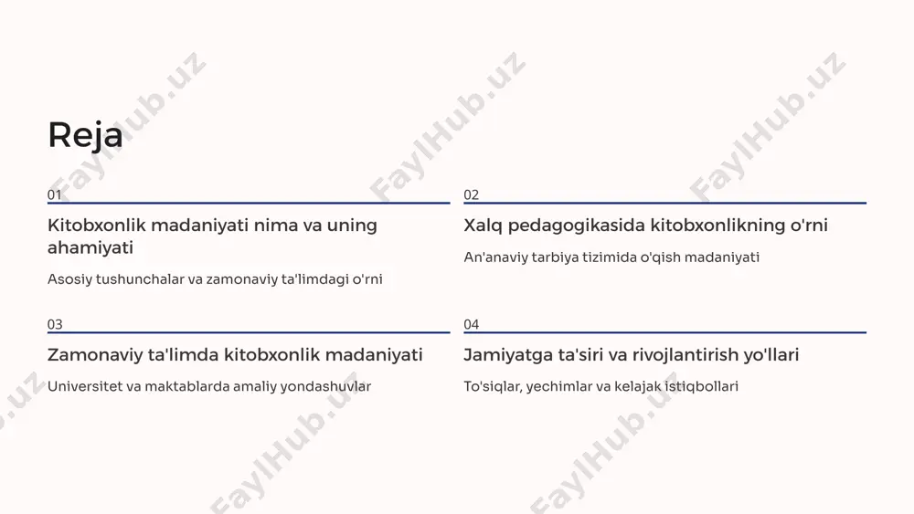 antiruvchi vosita kitobxonlik madaniyati xalq pedagogikasining muhim tarkibiy qismi o'rta osiyo xalqlarining ta'lim an'analari o'zbek xalqi maktab va madrasa tizimida kitobxonlik asosiy o'rin tutgan. oila va jamoada o'qishga bo'lgan hurmat shakllantirilgan. qozoq xalqi ko'chmanchi hayot tarzida ham kitobxonlik madaniyati saqlab qolingan. og'zaki va yozma adabiyot birga rivojlantirilgan. kavkaz xalqlari tog'li hududlarda ham ta'lim va kitobxonlik yuqori darajada bo'lgan. o'z-o'zini tarbiyalash asosiy tamoyil sifatida qabul qilingan. qadimiy davrlardan buyon o'rta osiyo xalqlari o'qish va ta'limni juda qadrlagan. an'anaviy ta'lim tizimida kitobxonlik nafaqat bilim olish, balki ma'naviy kamolot yo'li sifatida qaralgan. 3-bob zamonaviy ta'limda kitobxonlik madaniyati bugungi kunda kitobxonlik madaniyatini rivojlantirish yangi yondashuvlarni talab qiladi universitetlarda kitobxonlik madaniyatini rivojlantirish kasbiy muvaffaqiyat kaliti universitet talabalarida kitob o'qish odatini shakllantirish – kasbiy muvaffaqiyat kaliti hisoblanadi. zamonaviy ta'lim tizimida bilim olish jarayoni nafaqat darsliklar, balki qo'shimcha adabiyotlar bilan boyitilishi kerak. o'qish madaniyati nafaqat bilim, balki tanqidiy fikrlash va ijodkorlikni rivojlantiradi. bu ko'nikmalar zamonaviy kadrlar uchun …