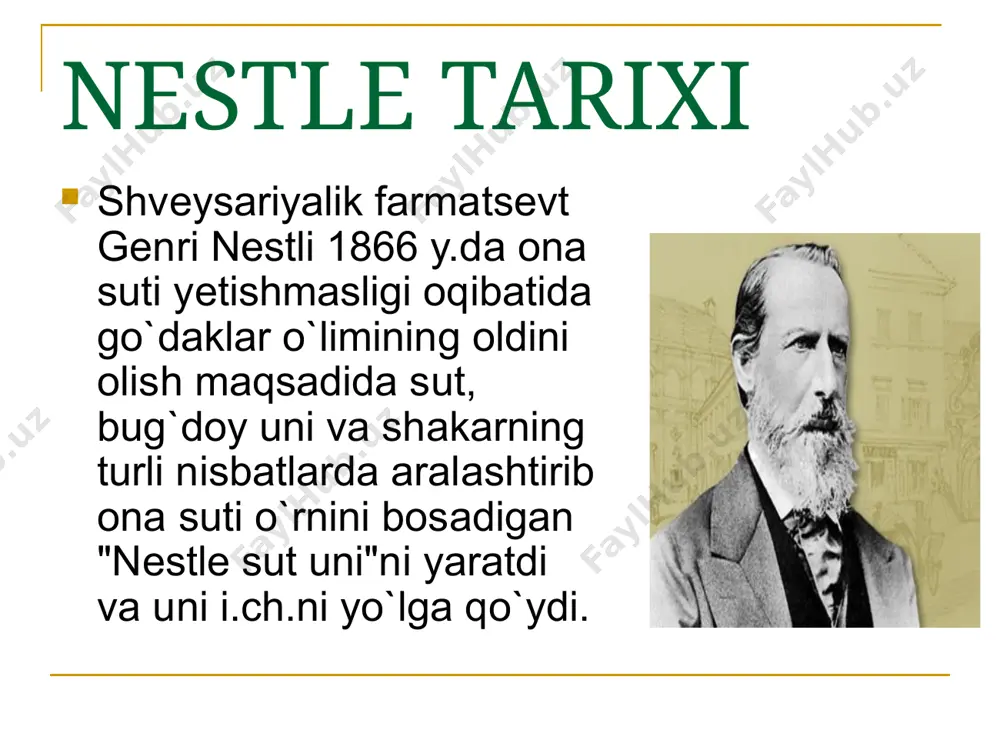 lab chiqarishni, shuningdek ichimlik suvlarini xonadonlarga va ishxonalarga etkazib berishni yo’lga qo’ydi. bugungi kunda «nestle o’zbekiston” qo’shma korxonasining sut mahsulotlari assortimenti – bu yog`liligi 2%, 2,5%, 3%, 6% bo’lgan turli formatda qadoqlangan nestlé® sutim™ sutlari, yog`liligi 10% bo’lgan nestlé® sutim™ qaymog`i, nestlé® sariyog`i. shunisi diqqatga sazovorki, bugungi kunda korxonada tayyorlangan bolalar ovqatlari, sut mahsulotlari, ichimlik suvlar xorijiy iste’molchilarga ham ma’qul tushmoqda. o’tgan yili “nestle-o’zbekiston”ning eksport hajmi oldingi yilga nisbatan qariyb ikki baravar ortgani fikrimiz dalilidir vazirlar mahkamasi qayd etadiki, shveystariyaning "nestle s.a." kompaniyasi tomonidan "nestle-o’zbekiston" qo’shma korxonasini rivojlantirish uchun 2006 yilgacha mo’ljallangan 30 mln aqsh dollaridan xozirga vaqtda 25,4 mln aqsh dollari o’zlashtirilgan, ular oziq-ovqat maxsulotlari, shu jumladan bolalar uchun oziq-ovqat mahsulotlari ishlab chiqarish bo’yicha ishlab chiqarishlarni barpo etishga yo’naltirilgan. 450 dan ortiq ish o’rinlari yaratilgan va 2002 yilda jahon standartlarga muvofiq bo’lgan 5 mlrd so’mlik mahsulot sotilgan. image1.jpeg image2.jpeg image3.jpeg image4.png image5.jpeg image6.jpeg image7.jpeg image8.jpeg image9.jpeg image10.jpeg