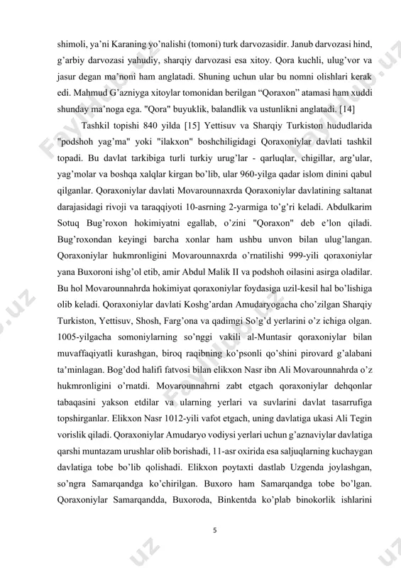 oniylar va qoraxoniylar davriga kelib "takin" unvonidagi harbiy lashkarboshilar ayni vaqtda biron-bir viloyat noibligini ham boshqargan. qoraxoniylar davrida takinlarning nufuzi oshgan. chunki harbiy yurishlar vaqtida ular davlat hayotida muhim ahamiyatga ega bo’lgan. shaharlar boshqaruvi esa shahar hokimi, rais va muhtasiblar qo’lida bo’lgan. ular shaharning ichki hayoti va ijtimoiyiqtisodiy ravnaqi uchun masʼul hisoblangan. diniy hayotda islom dini davlat mafkurasi darajasiga ko’tarilgan. davlatning mustahkamligi va goyaviy birligi uchun qoraxoniylar ruhoniylar bilan yaqin va do’stona munosabatda bo’lishga intilishgan. bu davrda imomlar, saidlar, shayxlar va sadrlarga eʼtibor kuchayib, ularning obro’si nihoyatda baland bo’lgan. bu esa davlatning siyosiy hayotida ular taʼsirining kuchayishi va vaqf yerlarining kengayishiga olib kelgan[footnoteref:2]. [2: azamat ziyo. o’zbek davlatchiligi tarixi. toshkent, 2000.] qoraxoniylar davlat boshlig’i lavozimi merosiy xisoblanib, ma’muriy idoralar ikkiga-dargox va devonga bo’lingan. ulug’ xojib lavozimidagi amaldor xoqon va fuqaro o’rtasidagi qushi (xarbiy lageri) xonto’y deb atalgach, bu yerda xar doim to’qqizta bayroq xilpirab turgan. elchilar yalavoch yoki yalafar deb …