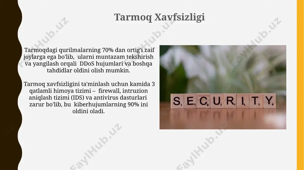 i, o'rtacha 5000 dan ortiq potentsial tahdidlarni kuniga bloklaydi. xavfsizlik texnologiyalarining 30% dan ortig'i tarmoq xavfsizligini ta'minlashga, qolgan 70% esa ma'lumotlarni himoya qilish va kirishni boshqarish tizimlariga yo'naltirilgan. ma'lumotlarning maxfiyligi va himoyasi yong'in xavfsizligi tizimlarida ma'lumotlarning yaxlitligini ta'minlash uchun raqamli imzo va xesh funksiyalari, masalan, sha-256 kabi texnologiyalar qo'llanilishi kerak. ma'lumotlarning maxfiyligini ta'minlash uchun kamida 128 bitli aes shifrlash algoritmlaridan foydalanish tavsiya etiladi, bu esa ma'lumotlarning ruxsatsiz kirishdan himoyalanishini sezilarli darajada oshiradi. dasturiy ta'minot xavfsizligi zaif joylarni aniqlash uchun, dasturiy ta'minot kodini 5000 satr va undan ortiq bo'lgan hollarda, statik va dinamik kod tahlillari texnikalarini qo'llash kerak, bu esa xavfsizlik teshiklarini 70% gacha kamaytiradi. dasturiy ta'minot xavfsizligini ta'minlashda kamida 3 darajali autentifikatsiya, masalan, parol, biometrik ma'lumotlar va bir martalik kodlardan foydalanish zarur, bu xavfsizlik darajasini 90% gacha oshiradi. e'tiboringiz uchun rahmat @taqdimot_robot image1.jpg image2.jpg image3.jpg image4.jpg image5.jpg image6.jpg image7.jpg image8.jpg image9.jpg image10.jpg image11.jpg image12.jpg image13.jpg image14.jpg image15.jpg image16.jpg image17.jpg