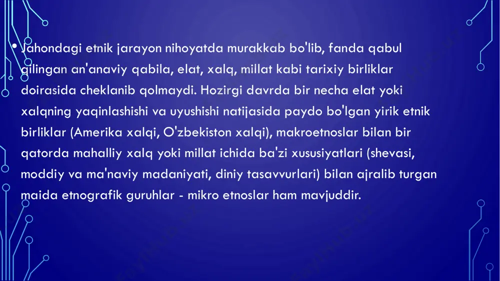 yevropada yashovchilar. • jahon aholisining yarmiga yaqini osiyoda joilashgan bo'lib, mingdan ortiq etnik tuzilishi, tili, madaniy iqtisodiy darajasi va maiishiy turmushi bilan bir biridan farq qiladigan turli elat va xaqklar yashaydi. osiyoning ko'p qismi odamning vatani (ya'ni antropogenez) dir. bu yerda juda ko'p dastlabki qadimiy tilllar, asosiy irqlar shakllangan, qadimgi madaniyat markazi, jahon dinlari (xristianlik, buddizm va islom,) paydo bo'lgan. yaponiya, koreya, bangladesh va ko'pgina arab mamlakatlari milliy birlik jihatdan ajralib turadi (asosiy xalq 95 foizni tashkil qiladi). birma, vetnam, iroq, kampuchiya, suriya, turkiya, xitoy, shri lanka aholisining 75 foizi yagona xalqdan iborat. afganistan, eron, hindiston, pokisgpon, indoneziya, filippin murakkab ko'p millatli mamlakatlarga kiradi. ayrim xalq va elatlar (kurdlar, balujiylar, panjoblar) bir necha davlat hududida joylashgan. ba'zi etnik gruhlalar hozirgacha ham xalq bo'libgina shakllanmagan, hatto ularda urug' - qabilachilik munosabatlari saqlanib qolgan. odamzotning dastchabki vatani xhsoblangap chet el osiyosida dastlab asosiy irqlar shakllangan bo'lib, bu yerda yevropeoid, mongoloid, negroid va …