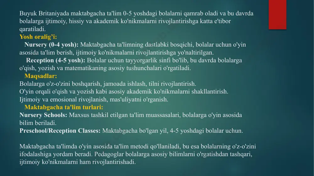 r va nazorat ishlari orqali o'quvchilarning bilimlari baholanadi. boshlang'ich ta'lim buyuk britaniyada 5 yoshdan 11 yoshgacha bo'lgan bolalarni qamrab oladi va ular asosan matematika, ona tili, ilm-fan va san'at kabi asosiy fanlar bilan tanishtiriladi. key stage 1 va key stage 2 bosqichlarida o'quvchilar uchun o'rgatish dasturi qiziqarli va bolalarning rivojlanishini qo'llab-quvvatlaydi. bu davrda o'quvchilar yangi bilimlarni mustahkamlash, mantiqiy fikrlashni rivojlantirish va ijtimoiy ko'nikmalarni o'zlashtirishadi. buyuk britaniyada o'rta ta'lim 11 yoshdan 16 yoshgacha bo'lgan o'quvchilarni qamrab oladi. bu bosqichda o'quvchilar umumiy ta'limdan ixtisoslashgan fanlarga o'tadilar va keyinchalik o'z kelajak yo'nalishlarini tanlashadi. o'rta ta'limni tugatgandan so'ng, o'quvchilar gcse (general certificate of secondary education) imtihonlarini topshirishadi. yosh oralig'i: key stage 3: 11-14 yosh (7-9 sinf). key stage 4: 14-16 yosh (10-11 sinf). maqsadlar: o'quvchilarga ixtisoslashgan fanlar va kengroq bilimlar to'plamini o'rgatish. akademik bilimlarni yanada chuqurlashtirish va kelajakdagi ta'lim uchun tayyorlash. o'quvchilarga muammolarni hal qilish, mustaqil fikrlash va ijodiy yondashuvni rivojlantirish. o'quv dasturi: key …