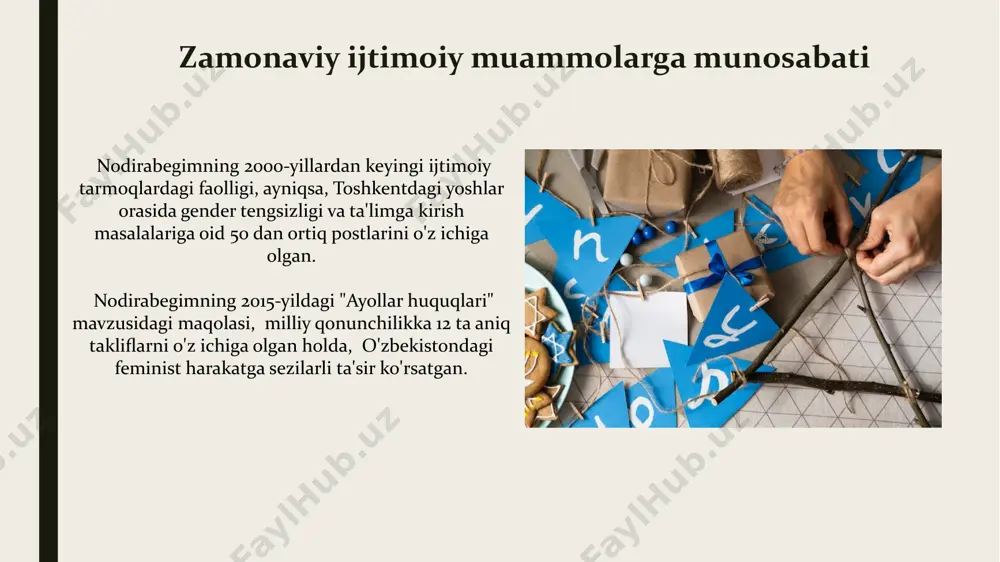 ing "ruboiylari va masnaviylari" toʻplamida 100 dan ortiq ruboiy va bir nechta masnaviylar, jumladan, mashhur "layli va majnun" masnavisining namunalari mavjud boʻlib, ularning koʻpchiligi buxoro va samarqand kabi shaharlarda yozilgan. uning "ruboiylari va masnaviylari"da 15-asr oʻzbek adabiyoti uchun xos boʻlgan gʻazal va ruboiy anʼanalarining davomi sifatida 70 dan ziyod sheʼriy asarlar uchraydi, ularning mavzulari muhabbat, tabiat va falsafiy fikrlarni oʻz ichiga oladi. sevgi lirikasi va falsafiy sheʼrlari toʻplamdagi baʼzi sheʼrlar, masalan, "yorugʻ oy", "qalb azobi" kabi asarlar, oʻz davrining ijtimoiy-siyosiy muhitini, ayolning oʻsha davrdagi mavqeyini aks ettiruvchi tafsilotlarga boydir. nodirabegimning "sevgi lirikasi va falsafiy sheʼrlari" toʻplamida 18-asr buxoro shahrida yozilgan 20 dan ortiq gʻazal va ruboiylar mavjud boʻlib, ularda sevgi va hayot falsafasi chuqur ifodalangan. adabiyotga qiziqishi va ijodining boshlanishi nodirabegimning adabiyotga bo‘lgan qiziqishi 18-asrning ikkinchi yarmida, samarqanddagi boy va madaniyatli oilasida tarbiyalanishi davrida boshlangan. yoshligidan she’r yozishga moyilligi bo‘lib, 15 yoshida ilk asarlarini yaratgan, bu asarlar asosan lirik she’rlar …