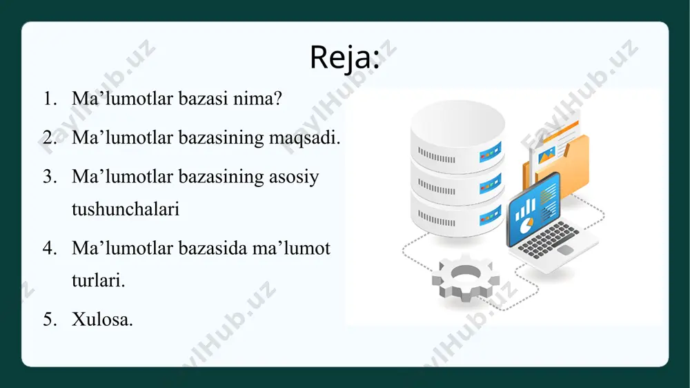 aqdim etish. ma’lumotlarni himoya qilish – ma’lumotlarga ruxsatsiz kirishning oldini olish va xavfsizlikni ta’minlash. ma’lumotlar yaxlitligini saqlash – noto‘g‘ri ma’lumotlar kiritilishining oldini olish. foydalanuvchilar o‘rtasida muvofiqlikni ta’minlash – ma’lumotlarni bir nechta foydalanuvchilar o‘rtasida samarali taqsimlash va ulardan foydalanish. ma’lumotlar bazasining asosiy tushunchalari. ma’lumot (data) – faktlar, raqamlar, matnlar yoki boshqa axborot shakllari. ma’lumotlar bazasi (database) – ma’lumotlarni tizimli ravishda saqlash uchun mo‘ljallangan tashkilotlangan to‘plam. ma’lumotlar bazasini boshqarish tizimi (dbms - database management system) – ma’lumotlar bazasini yaratish, boshqarish va ulardan foydalanishni ta’minlovchi dasturiy ta’minot. ma’lumotlar bazasining asosiy tushunchalari. jadval (table) – ma’lumotlar bazasining asosiy tuzilma elementi bo‘lib, ustunlar (fields) va qatorlar (records)dan iborat bo‘ladi. atribut (attribute) – jadval ustunlari orqali ifodalanadigan ma’lumotlar maydoni. kalit (key) – ma’lumotlar bazasida yozuvlarni aniqlash uchun ishlatiladigan unikal maydon. birlamchi kalit (primary key) – har bir yozuvni noyob aniqlovchi atribut. ma’lumotlar bazasining asosiy tushunchalari. tashqi kalit (foreign key) – bir jadvalning boshqa jadval bilan bog‘lanishini …