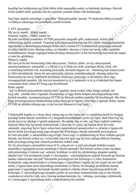 espublikasi vazirlar maxdamasining "oʻzbekiston respublikasi qishloqlari ijtimoiy infrastrukturasini 2000 yilgacha boʻlgan davrda rivojlantirish dasturi toʻgʻrisida"gi qaroriga (1996 y. 21 may) muvofiq, sogʻliqni saqlash sohasida mutlaqo yangi muassasa — qishloq vrachlik punktlari (qvp) tashkil etish va aholiga dastlabki feldsherlik yordami emas, balki malakali vrachlik yordami koʻrsatish koʻzda tutildi. qvgt uchun hamma koʻrsatkichlar — moddiy taʼminot, kadrlar, zamonaviy asbobuskunalar va doridarmonlar bilan taʼminlash boʻyicha xalqaro standartlarga mos keladigan 1998 yildan sogʻliqni saqlashning rivojlanishida yangi davr boshlandi — 1998 y. 10 noyabrda oʻzbekiston respublikasi prezidentining farmoni bilan 1998— 2005 yillarda sogʻliqni saqlash tizimini qayta qurish davlat dasturi qabul qilindi. unda mamlakat aholisiga tibbiy yordam koʻrsatish sifatini oshirish tadbirlari koʻrsatib berildi. bu dastur asosida sogʻliqni saqlashning birlamchi boʻgʻinini mustahkamlash va umumiy vrachlik amaliyotini rivojlantirish tadbirlari amalga oshirildi. hamma viloyatlarda qvpning keng tarmoklari tashkil etildi, natijada ikki bosqichli, yaʼni qvp hamda tuman markaziy shifoxonasi orqali tibbiy yordam koʻrsatish yoʻlga qoʻyildi. mazkur ishlar jahon banki bilan …