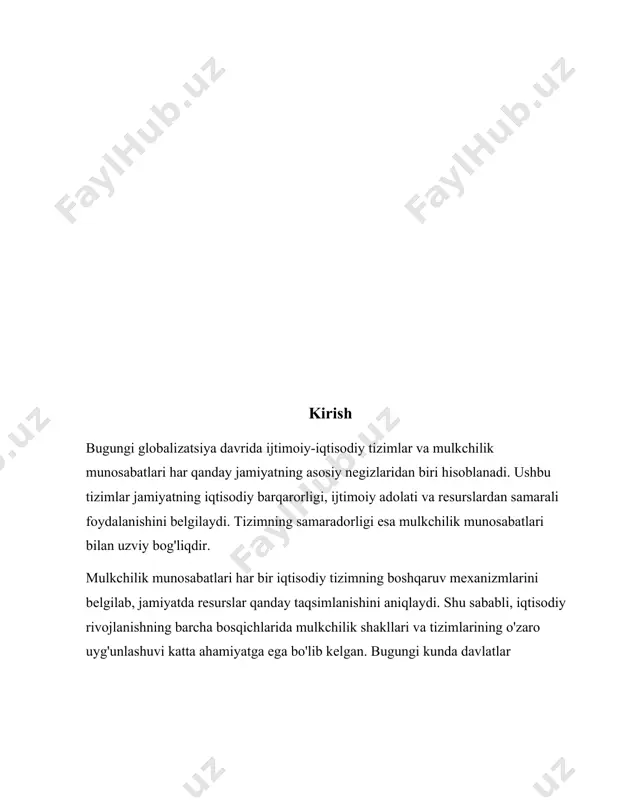 3. buyruqbozlik (rejali) tizim: bu tizimda iqtisodiy faoliyat davlat tomonidan qat'iy nazorat qilinadi va rejalashtiriladi. ishlab chiqarish resurslari davlat tasarrufida bo'lib, iqtisodiy qarorlar markazlashgan holda qabul qilinadi. 4. aralash iqtisodiy tizim: ushbu tizim bozor va davlat boshqaruvi elementlarining uyg'unlashuvidan tashkil topgan. bu model hozirgi kunda ko'plab davlatlarda, jumladan, o'zbekistonda ham mavjud. mulkchilik munosabatlarining o'rni mulkchilik munosabatlari jamiyat iqtisodiy tizimining ajralmas qismidir. u resurslarni kimga tegishli ekanini, ular ustidan kim nazorat qilishini va foydadan kim foydalanishini belgilaydi. mulkchilikning quyidagi asosiy turlari mavjud: 1. xususiy mulk: resurslar va ishlab chiqarish vositalari alohida shaxslar yoki korxonalarga tegishli bo'ladi. bozor iqtisodiyoti asosan ushbu mulkchilik shakliga asoslanadi. 2. davlat mulki: resurslar va ishlab chiqarish vositalari davlat ixtiyorida bo'ladi. bu mulk shakli rejali iqtisodiy tizim uchun xosdir. 3. aralash mulk: ushbu mulk shakli xususiy va davlat mulki elementlarini o'z ichiga oladi. u aralash iqtisodiy tizimlarda keng qo'llaniladi. mulkchilik munosabatlari iqtisodiy samaradorlikni oshirish, resurslardan oqilona foydalanish va …