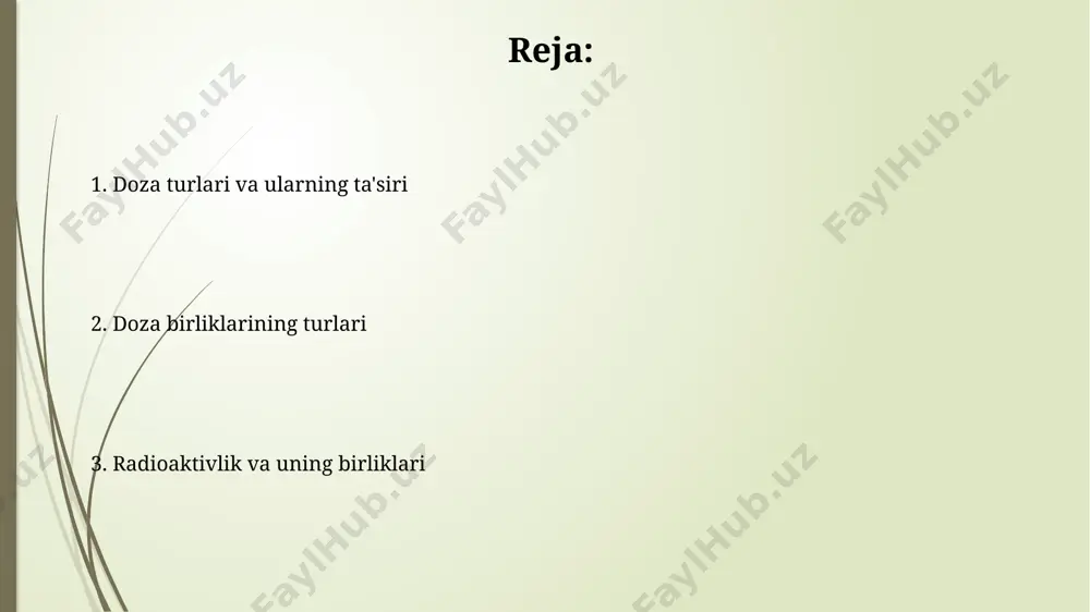 bilan ifodalanadi va nurlanishning turini hisobga oladi. masalan, 1 gy alfa nurlanishi 20 sv ga teng keladi, chunki alfa zarrachalari yuqori biologik ta'sirga ega. aktivlik birliklari: kyuri kyuri birligi si tizimiga tegishli emas, ammo tarixiy sabablarga ko'ra hali ham keng qo'llaniladi va becquerel (bq) birligi bilan o'zaro bog'langan: 1 ci = 3,7 × 10¹⁰ bq. kyuri (ci) radioaktiv moddaning faollik birligidir va 1 gramm radiy-226 izotopining 1 soniyadagi yemirilish soniga teng keladi, ya'ni taxminan 3,7 × 10¹⁰ yemirilish/sekund. eksponensial yemirilishi eksponensial yemirilishi radioaktiv yadrolarning yarim yemirilish davri deb ataluvchi o'ziga xos vaqt oralig'ida sonining yarmiga kamayishini tavsiflaydi, bu davr har bir radionuklid uchun o'ziga xosdir. eksponensial yemirilishi jarayonini tavsiflovchi tenglamada λ - yemirilishi konstantasi ishtirok etadi va bu konstanta yarim yemirilish davri (t) bilan λ = ln2/t munosabati orqali bog'langan. effekt dozasini o'lchash effekt dozasi o'lchovlari, nurlanish manbasining turi, ta'sir qilish vaqti va individual sezuvchanlik kabi omillarni hisobga olishni talab …