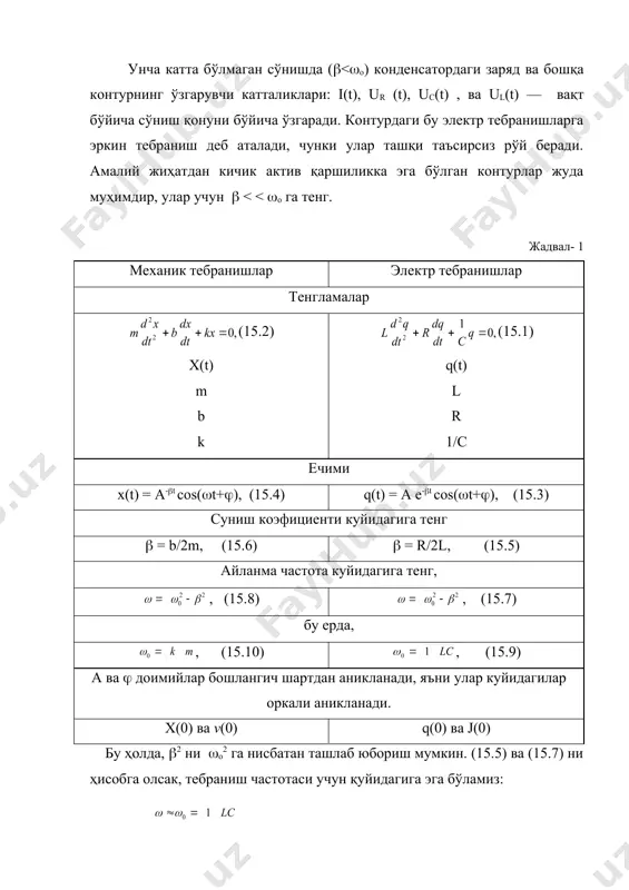 15.5) ва (15.7) ни ҳисобга олсак, тебраниш частотаси учун қуйидагига эга бўламиз: , (15.11) идеал контурда (k=о) сўниш коэффициенти ( нолга интилади ва тебраниш сўнмайдиган бўлиб қолади. соддалик учун (15.3) га бошланғич фазони нолга тенг десак, (15.3) ва (15.5) формулалар бўйича, ток кучи ва кучланишни топамиз: q (t) = q0 cos (o t ; ; , (15.12) ; сиғим ва индуктивлик кучланишлар қарама-қарши фазага эга бўлади (синусоидал ток қонунларидан сизларга маълум), уларнинг амплитуда қийматлари бир хил катталикка эга. формула (15.12) дан келиб чиқадики: , (15.13) идеал контур учун график ва вектор диаграммаси қуйида расм 2 да келтирилган. тебраниш контури учун энергиянинг сақланиш қонуни кўринишга эга бўлади, бу ерда манба бўлмагани учун daбегона = 0 деб олиш керак. d(wэ + wм) = -dq яъни контурдаги энергия конденсатор электр майдон энергияси ва ғалтакнинг магнит энергиясидан иборат бўлади, систематик равишда камайиб боради, иссиқлик энергиясига айланиб боради. идеал контурда dq=0, чунки, r=0, натижада d(wэ …