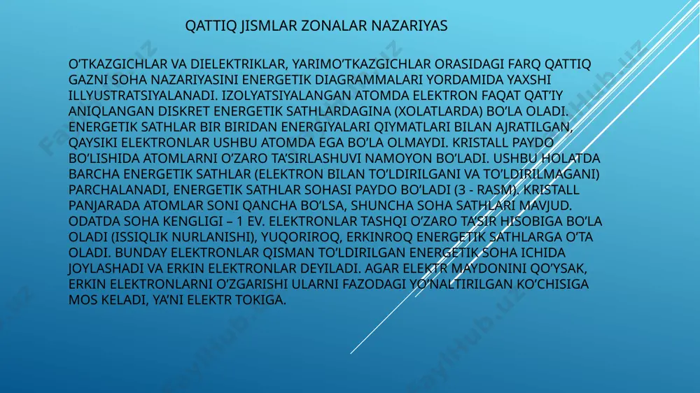 bilan to’ldirilgan, undan ajratilgan taqiqlangan soha o’tkazuvchanlik sohasi to’liq bo’sh. yarimo’tkazgichlarda taqiqlangan soha kengligi odatda 3 ev dan kichik. yarimo’tkazgichda qo’yilgan erkin elektronlar bo’lmasa, ularda tok hosil bo’lmaydi. energetik sohalar: а – dielektrikdagi; б – yarim o’tkazgichdagi; в – o’tkazgichdagi agar valent sohasidagi elektron (issiqlik, optik yoki boshqa yo’l bilan) taqiqlangan sohani o’tish uchun yetarli energiyani olsa, u o’tkazuvchanlik sohasida bo’lib qoladi, valent sohasida esa vakant joy hosil bo’ladi. agar elektr maydoni berilsa, bu jarayonni siljigan valent o’rin sifatida ko’rish mumkin – kovaklar. atomlar orasida kovalent bog’lanish paydo bo’ladi, ularni har biri boshqa atomlar bilan valent elektronlariga ega. valent sohadagi barcha elektronlar – bu kovalent bog’lanishda ishtirok etuvchi elektronlardir dielektrik - bu elektr tokini amalda o'tkazmaydigan modda yoki modda. bunday o'tkazuvchanlik oz sonli elektron va ionlar tufayli erishiladi. ushbu zarralar faqat yuqori haroratli xususiyatlarga erishilganda, o'tkazuvchan bo'lmagan materiallarda hosil bo'ladi. bu dielektrik nima va bu maqolada muhokama qilinadi. dielektrik har …
