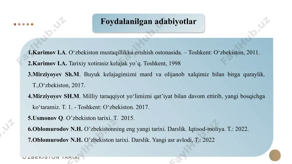 oliy kengashining birinchi sessiyasida xalq deputatlari tomonidan yashirin ovoz berish yo’li bilan saylandi. 1991 yil 29 dekabrda o’zbekistonda ilk bor umumxalq prezidentlik saylovlari bo’lib o’tadi 1991 yil 18 noyabr «o’zbekiston respublikasi prezidenti saylovi to’g’risida»gi qonun qabul qilingan. 2002-yil o’zbekistonda prezidentlik vakolati muddati 5 yildan 7 yilga uzaytirildi 2011-yil prezidentlik vakolati muddati 7 yildan 5 yilga qisqartirildi o’zbekiston tarixi prezidentlik hokimyati 12 o’zbekiston respublikasi konstitutsiyasining xix bobi o’zbekiston respublikasi prezidentining huquqiy maqomiga, xususan, 93-moddasi respublika prezidentining vakolatlariga bag’ishlangan. o’zbekiston respublikasi prezidentining vakolatlari maqsadi, mazmuniga ko’ra quyidagi guruhlarga bo’linadi - qonunchilik va qonuniylik sohasidagi vakolatlar; - davlat organlarini tuzish sohasidagi vakolatlar; - fuqarolarning huquq, erkinliklari, burchlari va qonuniy manfaatlari sohasidagi vakolatlar; - xalqaro munosabatlar sohasidagi vakolatlar; o’zbekiston tarixi o’zbekiston respublikasi prezidentlari 13 № muddat prezident surati prezidentlik davrining tugashi partiyasi 1 1 islom karimov 24-mart 1990[2] 29-dekabr 1991 645 kun kpss 2 29-dekabr 1991 9-yanvar 2000 2933 kun oʻzbekiston xalq demokratik partiyasi …