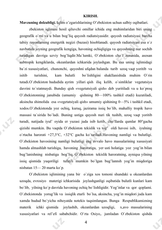 shgan. bu esa uning iqlimidagi ba`zi xususiyatlari, chunonchi, quyoshni ufqdan balanda turib uzoq vaqt yoritib va isitib turishini, kam bulutli bo`lishligini shakllanishida muhim o`rin tutadi.o`zbekiston hududida ayrim yillari qish iliq kelib, o`simliklar vegetatsiya davrini to`xtatmaydi. bunday qish «vegetatsiyali qish» deb yuritiladi va u ko`proq o`zbekistonning janubida (umumiy qishning 80—100% tashkil etadi) kuzatiladi, aksincha shimolida esa «vegetatsiyali qish» umumiy qishining 0—5% i tashkil etadi, xodos.o`zbekistonda yoz ochiq, kuruq, jazirama issiq bo`lib, mahalliy tropik havo massasi ta`sirida bo`ladi. buning ustiga quyosh nuri tik tushib, uzoq vaqt yoritib turadi, natijada iyul’ oyida er yuzasi juda isib ketib, cho`llarda qumlar 80°gacha qizishi mumkin. bu vaqtda o`zbekiston tekislik va tog’ oldi havosi isib, iyulning o`rtacha harorati +27,3° c, +32°c gacha ko`tariladi.havoning namligi va bulutligi. o`zbekiston havosining namligi bulutligi eng avvalo havo massalarining xususiyati hamda almashlab turishiga, havoning haroratiga, yer usti holatiga yoz yog’in bilan bug’lanishning nisbatiga bog’liq. o`zbekiston tekislik haroratning, ayniqsa yilning issiq qismida yuqoriligi …