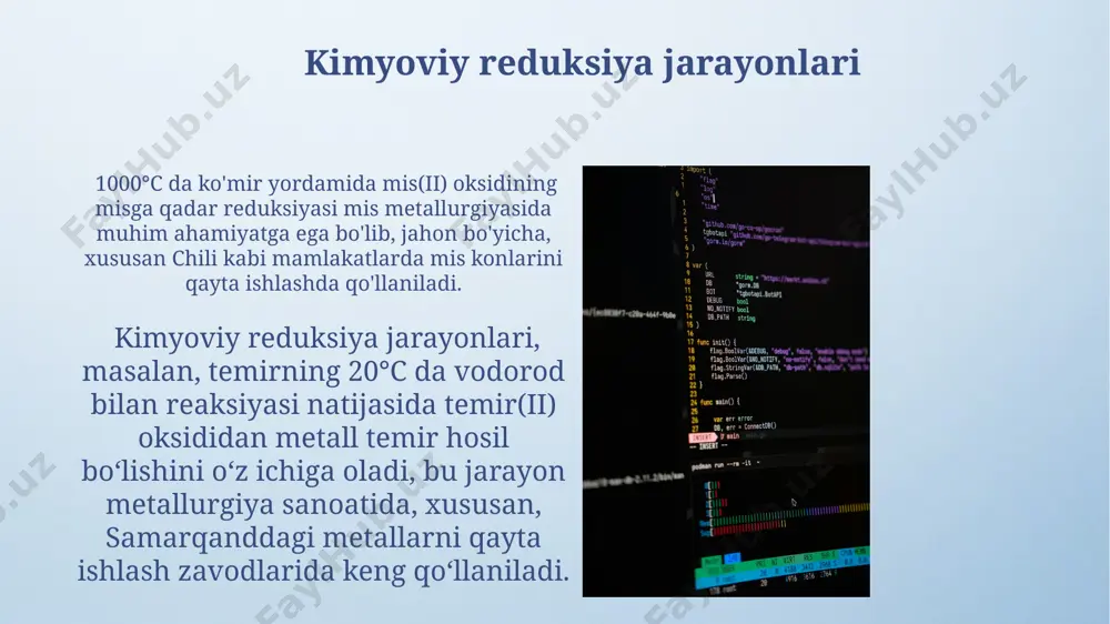 qarish kimyoviy reaktsiyalar tezligini 5-10 marta oshirish uchun, katalizatorlarni qo‘llash orqali, reduksiya jarayonlarini tezlashtirish mumkin, bu esa energiya sarfini kamaytiradi va samaradorlikni oshiradi. reduksiya jarayonlarini boshqarishda, masalan, metallurgiya zavodlarida (o‘zbekistonning toshkent shahridagi zavodlar kabi), 1200°c dan yuqori haroratlarda, kislorod potensialini nazorat qilish juda muhim hisoblanadi. davriy jadval elementlarining roli davriy jadvalning 1-18 guruhlaridagi elementlar, xususan, o'tish metallari harakatchanlik jarayonlarida katalizator sifatida faol ishtirok etadi, masalan, gidrogenlash reaksiyalarida 8-guruh elementlari muhim rol o'ynaydi. 3-davr elementlari, masalan, alyuminiy (al) va kremniy (si) toshko'mir gazining tarkibida bo'lib, reduktiv jarayonlar natijasida o'zgarishi mumkin, shu bilan temir metallurgiyasida muhim ahamiyat kasb etadi. katalizatorlarning roli zeotitlar kabi porozli katalizatorlar, masalan, 5-10 nm diametrli teshiklari bilan, selektiv katalitik reaksiyalarni ta'minlaydi, shu bilan birga, selektivligini oshirish maqsadida, toshkentdagi ilmiy markazlarda yangi katalizatorlar yaratilmoqda. pt, pd, rh kabi o'tish metallari katalizatorlari gidrogenlash reaksiyalarida yuqori faollik ko'rsatib, 200-300°c haroratda yog'larni to'yingan yog'larga aylantirishda muhim rol o'ynaydi, bu esa oziq-ovqat sanoatida …