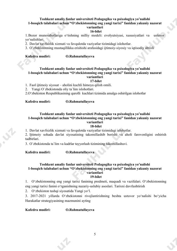 ariga o‘tishning milliy modeli: evolyutsiyasi, xususiyatlari va ustuvor yo‘nalishlari. 2. davlat xavfsizlik xizmati va favqulotda vaziyatlar tizimidagi islohotlar. 3. o’zbekistonning mustaqillikka erishishi arafasidagi ijtimoiy-siyosiy va iqtisodiy ahvoli kafedra mudiri: o.rahmatullayeva toshkent amaliy fanlar universiteti pedagogika va psixologiya yo’nalishi 1-bosqich talabalari uchun “o‘zbekistonning eng yangi tarixi” fanidan yakuniy nazorat variantlari 17-bilet 1. faol ijtimoiy siyosat – aholini kuchli himoya qilish omili. 2. yangi o`zbekistonda oliy ta`lim islohotlari. 2.o‘zbekiston respublikasining qurolli kuchlari tizimida amalga oshirilgan islohotlar kafedra mudiri: o.rahmatullayeva toshkent amaliy fanlar universiteti pedagogika va psixologiya yo’nalishi 1-bosqich talabalari uchun “o‘zbekistonning eng yangi tarixi” fanidan yakuniy nazorat variantlari 18-bilet 1. davlat xavfsizlik xizmati va favqulotda vaziyatlar tizimidagi islohotlar. 2. ijtimoiy sohada davlat siyosatining takomillashib borishi va aholi farovonligini oshirish tadbirlari. 3. o`zbekistonda ta`lim va kadrlar tayyorlash tizimining takomillashuvi. kafedra mudiri: o.rahmatullayeva toshkent amaliy fanlar universiteti pedagogika va psixologiya yo’nalishi 1-bosqich talabalari uchun “o‘zbekistonning eng yangi tarixi” fanidan yakuniy nazorat variantlari 19-bilet 1. …