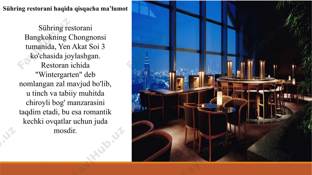 uvini qamrab oladi. 2024-yilda degustatsiya menyusining boshlang‘ich narxi taxminan 8500–9500 tailand bahtiga teng bo‘lgan (taxminan 240–270 aqsh dollari). sühring restorani o‘z menyusi orqali germaniyaning boy oshpazlik madaniyatini zamonaviy va ijodiy yondashuvda aks ettiradi. menyuning nafisligi, ingredientlarning sifati va mukammal prezentatsiya restoranga tashrif buyuruvchilar uchun unutilmas gastronomik tajriba yaratadi. xulosa image2.jpg image3.jpg image4.webp image5.jpg image6.webp image7.webp image8.jpg image9.webp image10.jpg image11.jpg image12.jpg /docprops/thumbnail.jpeg