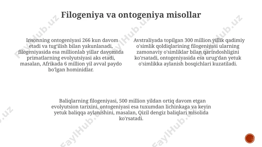 sistematik guruhlarning kelib chiqishini va o'zaro bog'liqliklarini vizual ravishda ifodalaydi, bu esa avstraliya va antarktida faunasini solishtirishda foydalidir. filogeniya, 3,5 milliard yildan ortiq vaqt davomida yer yuzida hayotning evolyutsion tarixini aks ettiruvchi, biologik turlar o'rtasidagi qarindoshlik munosabatlarini o'rganadigan fandir, masalan, galapagos orollaridagi qushlar misolida ko'rish mumkin. filogeniya tadqiqotlari, molekulyar ma'lumotlar (masalan, dnk ketma-ketligi) yordamida, 20 dan ortiq genni tahlil qilib, turli xil organizmlar o'rtasidagi evolyutsion masofani aniqlash imkonini beradi, bu esa, masalan, sharqiy osiyo va afrika populatsiyalarining genetik xilma-xilligini o'rganishda muhim ahamiyatga ega. ontogeniyaning tadqiq qilish usullari embrional rivojlanishni kuzatishda, 3d mikroskopiya va 10x kattalashtirish imkoniyatiga ega tasvirlash texnologiyalari, masalan, germaniyaning leypsig shahridagi institutida qo'llanilganidek, muhim ma'lumotlarni olishga yordam beradi. ontogenetik o'zgarishlarni o'rganishda, 2-3 yil davomida 50 ta shaxsni kuzatish orqali, hayvonlarning avstraliyaning katta to'siq rifi hududida yashovchi populyatsiyalarida o'zgarishlarni aniqlash mumkin. ontogeniyaning tadqiq qilish usullaridan biri, 200 dan ortiq turlarni o'rganishga imkon beruvchi, genetik markyorlarni analiz qilish orqali, masalan, …