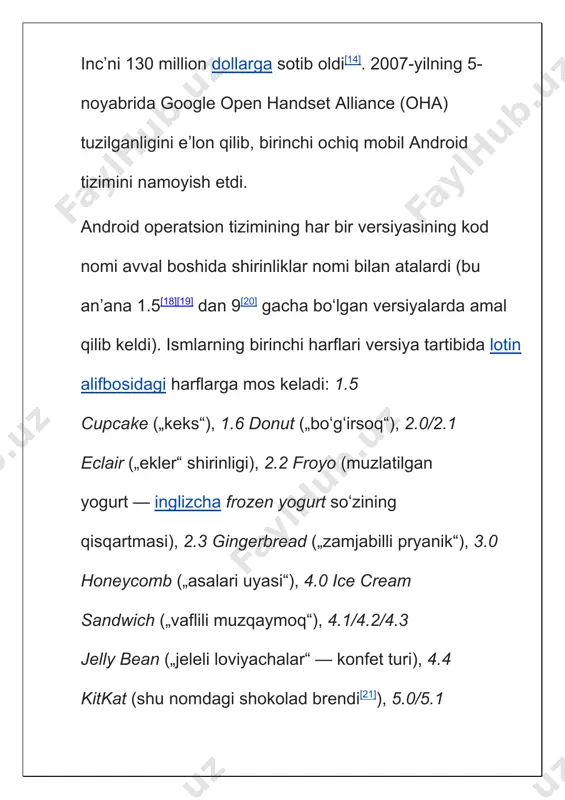larining kirib kelishi, xalqning texnik vositalarning oxirgi avlodi bilan ta’minlanishi ko’rinarli darajada sezilmoqda. xususan, komp’yuterlar, noutbuklar, telefon apparatlari, turli xildagi dasturiy ta’minotlar shular jumlasidandir. hozirgi kunda jahon mobil telefonlar bozorining 75 % ini android operatsion tizimi xizmalaridan foydalanib kelinmoqda. android — linux yadrosida yaratilgan portativ (tizimli) operatsion tizim boʻlib, kommunikatorlar, planshetli kompyuterlar, elekron kitoblar, raqamli pleyerlar, qoʻl soatlari, netbuklar va smartbuklarda ishlatiladi. google tomonidan sotib olingan android inc. kompaniyasi tomonidan yaratilgan. keyinchalik google tizim rivojlanishi bilan shugʻullanadigan open handset alliance (oha) ittifoqini tuzdi. android yordamida java dasturlarni tuzish mumkin. android native development kit sida va boshqa tillarda yoziladigan dasturlarni yaratadi. 2012-yilning uchinchi choragida sotilgan smartfonlarning 75 % ida android operatsion tizimi oʻrnatilgan edi. 2005-yilning iyulida google korporatsiyasi android inc.firmasini 130 mln. dollorga sotib oladi va o’zi bu operatsion tizimni chiqarishni davom ettiradi. 2007-yilning 5-noyabrida google open handset alliance (oha) tuzilganligini eʼlon qilib, birinchi ochiq mobil android tizimini namoyish etdi. 2008-yilning …