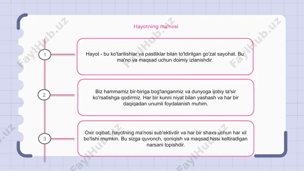 ilayotgan ishlaridan quvonch va mamnuniyat topadilar. bu qoniqish va qoniqish hissini keltiradigan ehtiroslar va maqsadlarni topish va ularga erishishni o'z ichiga oladi. qoniqarli hayot kechirish, shuningdek, yaqinlar bilan mustahkam munosabatlar va aloqalarga ega bo'lishni anglatadi. sog'lom munosabatlarni o'rnatish va saqlash umumiy baxt va farovonlik uchun muhimdir. bundan tashqari, o'ziga g'amxo'rlik qilish va jismoniy va ruhiy salomatligiga g'amxo'rlik qilish to'laqonli hayot kechirishda hal qiluvchi rol o'ynaydi. o'z-o'ziga g'amxo'rlik qilishni birinchi o'ringa qo'yish va farovonlikka yordam beradigan faoliyat bilan shug'ullanish yanada baxtli va mazmunli hayotga hissa qo'shadi. hayotning oddiy quvonchlarini qadrlash hayot bizga baxt keltiradigan oddiy quvonchlarga to'la, masalan, ertalab bir chashka iliq qahva yoki tabiat qo'ynida sayr qilish. bu kichik lahzalar bizga hozirgi lahzaning go'zalligini qadrlashni va kichik narsalardan quvonch topishimizni eslatadi. ushbu oddiy zavqlarga e'tibor qaratish orqali biz hayotimizda minnatdorchilik va mamnunlik tuyg'usini rivojlantirishimiz mumkin. 1 2 3 hayotdagi qiyinchiliklarni yengish hayotda barchamiz kuch va chidamliligimizni sinab ko'radigan qiyinchiliklarga duch …