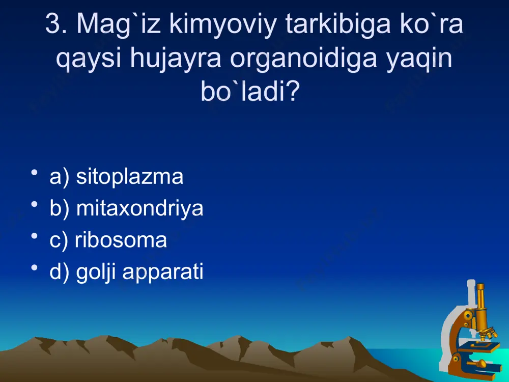 -1 mm 36.qaysi o`simlikda qand erigan holda bo`ladi? a) no`xat b) suli c) loviya d) lavlagi 37. kollenxima (1) va sklerenxima (2) hujayralarining farqini ko`rsating? a. tirik; b. o`lik; c. o`simliklarning harakatini ta’minlovchi a) 1 – a 2 – b b) 1 – b 2 – c s) 1 – c 2 – a d) 1 – c 2 – b 38. uchki va yon hosil qiluvchi to’qimalarga ajraladigan to’qimani aniqlang. a) jamg’aruvchi b) ajratuvchi s) mexanik d) hosil qiluvchi 39. asosiy (i) va mexanik (ii) to'qima xillarini ajrating. a. yog'ochlik tolalari; b. jamg'aruvchi; c.uchki; d. assimlyatsion; e. lub tolalari; g.yon a) i-b,e ii-a, e, b) i-b, d, ii-a,e s) i-a,d ii-e,g d) i-a,e ii-d,g 40. jamg’aruvchi to’qima asosan qaysi hujayralardan tashkil topgan? a) o’lik parenxima b) tirik parenxima c) o’simlikning bo’yiga o’sishini ta’minlaydigan tirik hujayralar d) qalin qobiqli, o’lik hujayralar 41. nima uchun po’kak o’zidan suv va gazlarni o’tkazmaydi? …