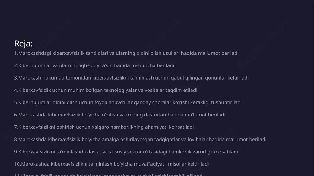 riladi • kiberhujumlarning mohiyati - kiberhujumlar internet orqali amalga oshiriladigan hujumlar bo'lib, ularning maqsadi ma'lumotlarni o'g'irlash, tizimlarni buzish yoki xizmatlarni ishga solmaslikdir • iqtisodiy zararlar - kiberhujumlar kompaniyalar uchun katta iqtisodiy zarar keltirishi mumkin, masalan, yo'qotilgan ma'lumotlar yoki to'lovlar tufayli marokash hukumati tomonidan kiberxavfsizlikni ta'minlash uchun qabul qilingan qonunlar keltiriladi • kiber hujumlarga qarshi choralar - marokash hukumati kiber hujumlar va ma'lumotlarni o'g'irlanishiga qarshi qattiq qonunlar qabul qildi • ma'lumotlarni himoya qilish - ommaviy va shaxsiy ma'lumotlarni himoya qilish bo'yicha qoidalar tasdiqlandi • kiber jinoyatchilikni jazolash - kiber jinoyatchilikni jazolash uchun yangi jinoiy kodeks normalari ishlab chiqildi • kiberxavfsizlik markazlari - kiberxavfsizlikni boshqaradigan markazlar tashkil etilib, ularning samaradorligi oshirildi kiberxavfsizlik uchun muhim bo'lgan texnologiyalar va vositalar taqdim etiladi • zararli dasturlarga qarshi himoya - zararli dasturlar kiberxavfsizlik uchun jiddiy tahdid hisoblanadi. ularni aniqlash va bloklash uchun antivirus va antimalware vositalaridan foydalanish muhimdir • tarmoq xavfsizligi - tarmoq xavfsizligini ta'minlash uchun …