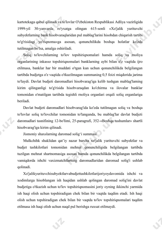 dlaridan daromad solig'i ushlab qolinadi. xo'jalikyurituvchisubyektlarvabudjettashkilotlarijoriyoydavomida ishchi va xodimlarga hisoblangan ish haqidan ushlab qolingan daromad solig'ini davlat budjetiga o'tkazish uchun to'lov topshiriqnomasini joriy oyning ikkinchi yarmida ish haqi olish uchun topshiradigan chek bilan bir vaqtda taqdim etadi. ish haqi olish uchun topshiradigan chek bilan bir vaqtda to'lov topshiriqnomalari taqdim etilmasa ish haqi olish uchun naqd pul berishga ruxsat etilmaydi. soliq to'lovchilar tomonidan daromad solig'ini budjetga o'tkazish uchun banklarga taqdim etilgan to'lov topshiriqnomalarining «to'lov maqsadi»da « oyi ish haqidan ushlab qolingan daromad solig'i summasi budjetga o'tkazildi», deb yozib qo'yiladi. xo'jalik yurituvchi subyektlar va budjet tashkilotlarining daromad solig'ini budjetga o'tkazish uchun taqdim etgan to'lov topshiriqnomalari banklar tomonidan qabul qilinadi. xo'jalik yurituvchi subyektlar va budjet tashkilotlarining talab qilib olgungacha depozit hisobvaraqlarida pul mablag'lari yetarli bo'lsa, to'lovlar amalga oshiriladi, agar pul mablag'lari yetarli bo'lmasa to'lov topshiriqnomalari 2-sonli kartotekaga qabul qilinadi va belgilangan tartibda hisobdan chiqariladi. qimmatbaho metallardan tayyorlangan buyumlarni va qotishmalarni tekshirish va tamg‘alash …
