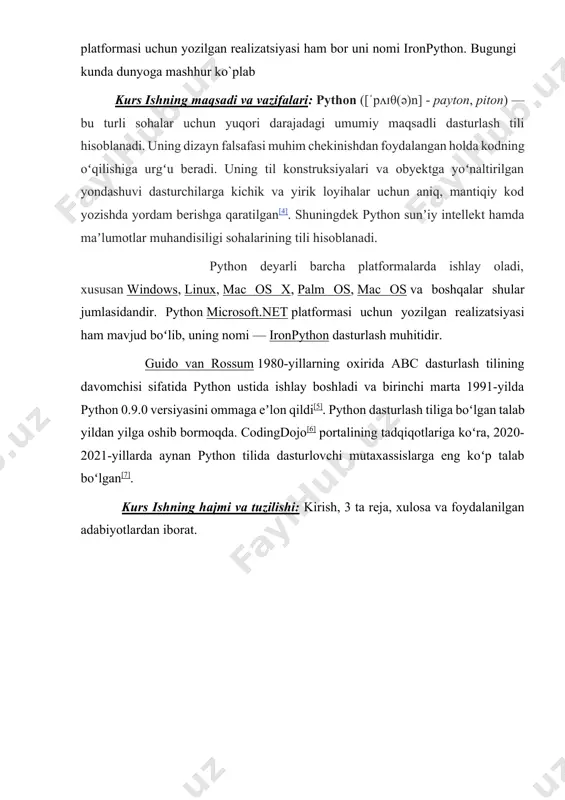 ozish ham mumkin: 6-rasm kodning biror qismini izohga kiritsak o’sha qism natija bermaydi. quyidagi holatda salom dunyo jumlasi ekranga chiqmaydi: 7-rasm pythonda muhim bo'lgan qismlarni yozish mumkin. izohlar dastur kodini o'qiyotganlar uchun foydali bo'ladi va dastur nima qilishini oson tushunishga yordam beradi. unga yechimdagi muhim joylarni, muhim bo'lgan qismlarni yozish mumkin. ko’p qatorli izohlar python ko’p qatorli izohlar hosil qilish uchun alohida belgiga ega emas . shuning uchun har bir qator uchun alohida # belgisi ishlatiladi. ammo 3 talik qo’shtirnoq ichiga yozilgan matnni o’zgaruvchiga biriktirilmasa ko’p qatorli izoh sifatida ishlatish mumkin: 8-rasm python ko’p qatorli izohlar python tilining sintaksisi ham tilning o‘zi kabi juda soda 9-rasm python tilining sintaksisi  satrning yakuni ifodaning ham yakuni hisoblanadi (nuqtali vergul talab etilmaydi). pythonda sintaksis juda sodda tuzilishga ega. quyida “salom dunyo” gapini ekranga chiqaruvchi kod ko’rsatilgan: print('salom dunyo')  har bir qator boshidagi bo'sh joy(отступ) muhim ahamiyatga ega. kiritilgan amallar bosh joylarning …