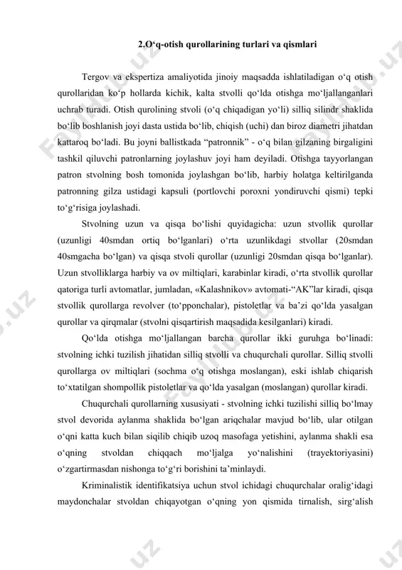 shadi. psm - lapasheyev, simarin va kulikovlar tomonidan ishlangan kichik gabaritli pistolet 5,45 kalibrli to‘rt chuqurchali stvol magaziniga 8 ta patron joylashadi; revolver (to‘pponcha)-to‘la avtomatlashtirilmagan stvoli to‘rt chuqurchali, patronlar joylashadigan qismi aylanma, dumaloq baraban shaklida bo‘lib, 7 patron kiradigan alohida (skamorasi) uyalari bor, jangavor holatga qul bilan keltiriladi, otish jarayonida baraban aylanib uyasidagi patron stvolga to‘g‘rilanadi. tergov va ekspertiza amaliyotida ko‘proq revolverning “nagan” sistemasidagi turi uchrab turadi, uning kalibri 7,62 mm. harbiy miltiq va karabinlar uzun stvolli tuzilishi jihatidan bir-biriga o‘xshash bo‘lib, kalibri 7,62 mm. harbiy holatga keltirilishi qo‘l bilan amalga oshiriladi, zatvorni orqaga tortish bilan patron magazinidan stvolga uzatiladi, magazinga 5ta o‘q joylashadi. amaliyotda shuningdek, semenov konstruksiyasi asosida ishlangan sks avtomatlashgan karabinlar, dragunovning snayper karabini uchrab turadi. avtomatlashmagan kalibrli miltiqlarning 5,6 mm.li to‘rtta ba’zi modellarida oltita chuqurcha bo‘lib tuzilish jihatidan harbiy miltiqlarga yaqinroqdir. silliq stvolli miltiqlar asosan ikki turda bo‘ladi dastasi bilan stvol qismi buklanadigan va buklanmaydiganlari. buklanadigan ov …