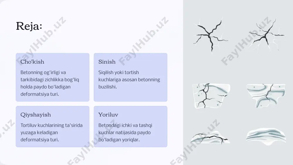 h kabi tashqi ta'sirlarga chidamli qiladi. 5 ishoot elementlarining deformatsiyasi va uning bartaraf qilish usullari cho'kish yuzaga kelgan cho'kishlarni etapma-etap qoldiq cho'kishlarini nazorat qilish yordamida bartaraf etish mumkin. yoriluv yoriqlarni bitirish, armatura ustidan qo'shimcha beton qoplash orqali bartaraf etish. qiyshayish to'g'rilash, qo'shimcha armatura yordamida mustahkamlash orqali bartaraf etish mumkin. 6 betonli ishootlar konstruksiyalarining loyihalash bosqichidagi hisoblar statik hisoblar yuk va kuchlarni toping, siqilish va eguvchilik kuchlarini hisoblang. seysmik hisoblar zilzila ta'sirini hisobga oling, barqaror konstruksiya loyihalang. material nazorati beton va armatura xossalarini sinab, konstruktiv deformatsiyalarni hisoblovchhi ko'rsatkichlarga moslang. 7 betonli ishootlar konstruksiyalarining ekspluatatsiya paytidagi hisoblar deformatsiya turlari nazorat qilish usullari bartaraf etish tadbirlari cho'kish yer cho'kish aniqlash, nivelir o'lchov ishlar qayta armirovka, mustahkamlovchi yordam konstruktsiyalar o'rnatish sinish betonda paydo bo'lgan yoriqlarni aniqlash, armatira holatini tekshirish beton va armatura mustahkamlash, betonga qayta ishlov berish qiyshayish optik ölchov usullari, konstruksiya kuchlanishini nazorat qilish qo'shimcha armirovka, tayanch elementlarini kuchaytirish 8 betonli ishootlar konstruksiyalarining …