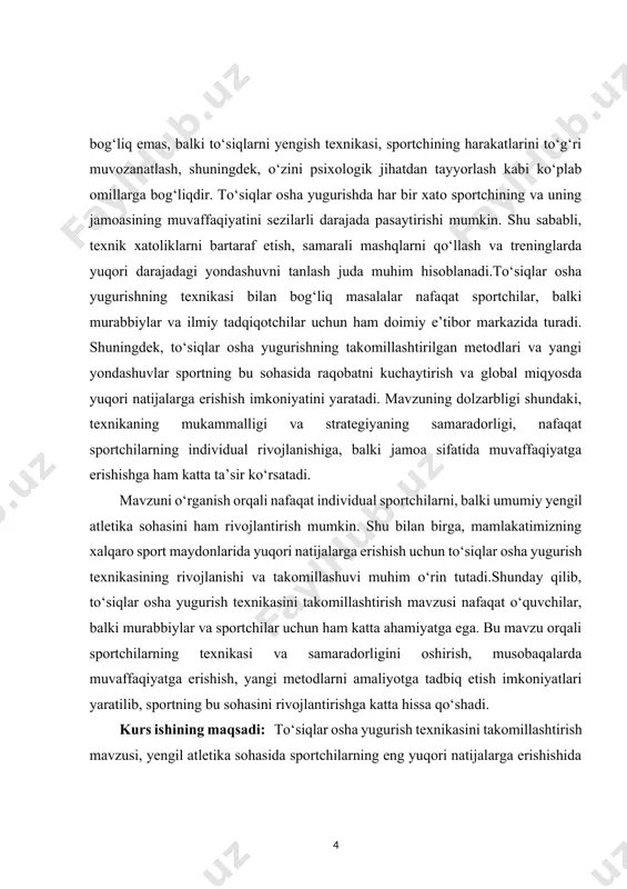 tlarini aniqlash va bu texnikani takomillashtirish uchun zarur bo‘lgan metodlarni o‘rganishdir. bu o‘z ichiga to‘siqlarni yengish jarayonidagi har bir bosqichni tahlil qilishni, sportchining texnikasini rivojlantirish uchun samarali mashqlarni kiritishni, shuningdek, texnik xatoliklarni kamaytirish va ularni tuzatish bo‘yicha aniq tavsiyalarni ishlab chiqishni oladi. to‘siqlarni yengish jarayonida uchraydigan muammolarni aniqlash va ularni hal qilish uchun mukammal texnik yondashuvlarni ishlab chiqish ham kurs ishining muhim maqsadlaridan biridir.ikkinchi maqsad — sportchilarni musobaqalarga tayyorlashda texnikaning rolini, jismoniy va psixologik tayyorgarlikni oshirishni o‘rganishdir. musobaqa oldidan sportchilarning tayyorgarligini, ularning psixologik holatini va ruhiy barqarorligini yaxshilash uchun qaysi metodlar va mashqlar samarali bo‘lishini tahlil qilish zarur. shuningdek, to‘siqlar osha yugurishdagi muvaffaqiyatga erishish uchun mental tayyorgarlikning ahamiyatini ko‘rsatish ham kurs ishining maqsadlaridan biridir. to‘siqlar osha yugurishni takomillashtirish uchun maxsus trening metodlarini ishlab chiqish va bu metodlarning samaradorligini tahlil qilishdir. trening jarayonida sportchining texnikasini, jismoniy kuchini, tezlik va aniqlikni oshirishga qaratilgan mashqlarni qo‘llash, shuningdek, sportchi va murabbiylar uchun samarali strategiyalar …