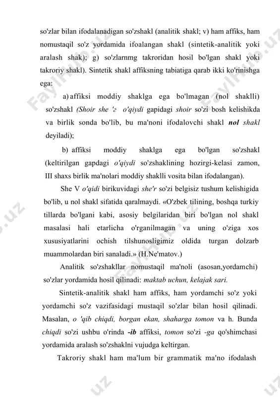 fodalashmng quyidagi vositalari mavjud: 1 .affiksal vositalar. 2.sof nomustaqil va nomustaqil vazifadagi so'zlar. 3.so'z tartibi. 4.takror. s.ohang. 6.sintaktik qoliplar. affiksatsiya tilimizda grammatik ma'no ifodalashning eng keng tarqalgan turi bo'lib, u orqali deyarli aksariyat grammatik ma'nolar ifodalanadi. ifodalaydigan grammatik ma'noning xarakteriga va o'z mohiyatlariga ko'ra affikslar ikkiga bo'linadi: so 'z yasovchi affikslar va shakl yasovchi affikslar. so z yasovchi affikslar so'zga qo'shilib yangi lug'aviy ma'no hosil qiladi va so'zning grammatik tabiatiga ham ta'sir etadi. masalan, ish so'ziga qo'shilgan -la so'z yasovchi qo'shimchasi yangi lug'aviy ma'no vujudga keltirish bilan birga, yangi grammatik ma'no ham hosil qiladi. qiyoslang: ish (gram.ma'no: predmetlik, ot) ~ ishla (grammatik ma'no: jarayon, fe'l. ko'rinadiki, hosila leksemadagi jarayon vafe'l grammatik ma'nolari so'z yasovchi vosita yordamida vujudga kelgan. so'z yasovchi vositalar orqali har xil grammatik ma'nolar ifodalanishi mumkin. masalan, -kash yasovchisi hosilasi sifat ham, ot ham bo'ladi (mehnatkash - ot, dilkash - sifat). demak, so'z yasovchi vositalar nafaqat yangi so'z …