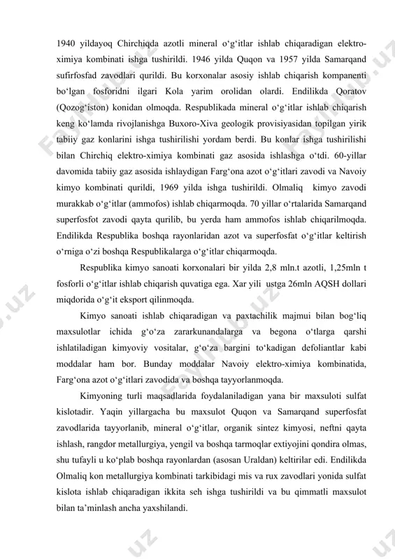 qda. kimyoning turli maqsadlarida foydalaniladigan yana bir maxsuloti sulfat kislotadir. yaqin yillargacha bu maxsulot quqon va samarqand superfosfat zavodlarida tayyorlanib, mineral o‘g‘itlar, organik sintez kimyosi, neftni qayta ishlash, rangdor metallurgiya, yengil va boshqa tarmoqlar extiyojini qondira olmas, shu tufayli u ko‘plab boshqa rayonlardan (asosan uraldan) keltirilar edi. endilikda olmaliq kon metallurgiya kombinati tarkibidagi mis va rux zavodlari yonida sulfat kislota ishlab chiqaradigan ikkita seh ishga tushirildi va bu qimmatli maxsulot bilan ta’minlash ancha yaxshilandi. respublika kime sanoatining kenja tarmoqlaridan biri bo‘lgan-organik sintez kimyosi tez rivojlanmoqda. uning taraqqiyoti ham gaz sanoati bilan bog‘liqdir. hozirgi vaqtda bu sohaning eng yirik korxonasi navoiy kime kombinati hisoblanadi. uning tarkibidan asetilen, sirka kislotasi, asetil-sellyuloza, neytron tola ishlab chiqaradigan maxsus quvvatlar yaratilgan. farg‘ona asetat ipak ishlab chiqaruvchi zavod ishlab turibdi. namangan kime zavodida viskos ipak ishlab chiqarilmoqda. bu sun’iy tolalar turli xil gazlamalar, gilam, trikotaj ishlab chiqarishda keng foydalaniladi. kimyoviy tolalar ishlab chiqarish o‘zbekiston kimyo sanoatining …
