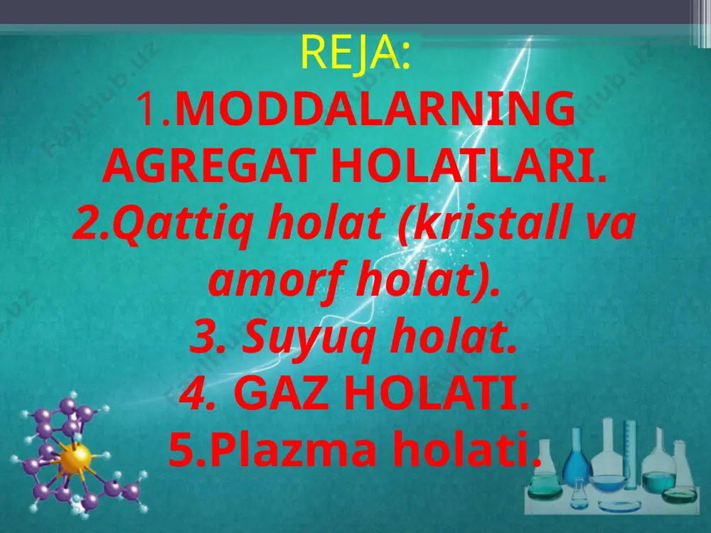 dan batartib joylashganligi bilan ajralib turadi. qattiq holatda modda zarrachalari orasidagi masofa shu zarrachalarning o‘lchamlariga deyarli teng bo‘ladi. shu sababli zarrachalar orasidagi o‘zaro ta’sir kuchlari katta bo‘lgani uchun qattiq holatdagi moddalar muayyan shakl va hajmga ega bo‘ladi. qattiq moddalar ichki tuzilishiga, ya’ni zarrachalarning bir-biriga nisbatan qanday tartibda joylashganligiga qarab kristall, ham amorf moddalarga bo‘linadi. bir moddaning o‘zi ham kristall, ham amorf holatda bo‘lishi mumkin (masalan, kristall holdagi kvars bilan amorf holatga qaraganda barqaror bo‘ladi. * moddaning amorf holati shakli, optik, mexanik, elektr va boshqa fizikaviy xossalarining anizotropiyasi (ya’ni yo‘nalishga bog‘liq bo‘lmasligi) va suyuqlanish temperaturasining qat’iy muayyan bo‘lmasligi bilan xarakterlanadi. tabiatda amorf holatdagi moddalar kristall moddalarga qaraganda kamroq uchraydi. tabiiy va sun’iy smolalar doimo amorf holatda bo‘ladi. amorf jismlarning eng tipik vakili odatdagi silikat shishadir, shu sababli amorf holat shishasimon holat ham deyiladi. amorf moddalar tuzilishi jihatdan suyuqliklarga o‘xshaydi va ulardan zarrachalarining harakatchanligi juda kamligi bilan farq qiladi. shu sababli amorf …