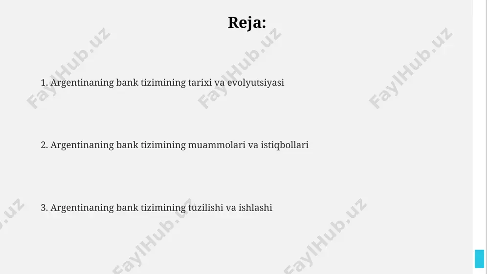 a, buyuk depressiyaning ta'siri ostida, argentina hukumati bank sektorini milliylashtirishga qaror qildi va bu jarayon mamlakatning moliyaviy siyosatiga sezilarli ta'sir ko'rsatdi. argentinaning bank tizimi 1800-yillarning boshlarida, buenos-ayresda birinchi milliy banklarning tashkil topishi bilan boshlangan bo'lib, 1822-yilda banco de buenos aires tashkil etilgan. bank nazorati va tartibi argentina markaziy banki (bcra) banklarning kapital yetarliligini nazorat qilish uchun bazel iii me'yorlariga muvofiq, minimal 10% kapital yetarlilik nisbatini talab qiladi va muntazam tekshiruvlar o'tkazadi. argentina bank tizimining nazorati buenos-ayresdagi bcra tomonidan amalga oshirilib, moliyaviy barqarorlikni ta'minlash maqsadida 200 dan ortiq bank va kredit muassasalarini qamrab oladi. banklarning kredit riskini baholash va boshqarish bo'yicha argentina qonunchiligi va bcra ko'rsatmalari, milliy iqtisodiyotning 70% dan ortig'ini tashkil etadigan xususiy sektorning kreditlash faoliyatini tartibga soladi. argentina bank tizimining umumiy ko'rinishi argentina bank tizimi 50 dan ortiq tijorat banklari, shu jumladan davlatga tegishli va xususiy banklarni o'z ichiga oladi va buenos-ayresda markazlashgan. argentina bank tizimi inflyatsiya va valyuta …