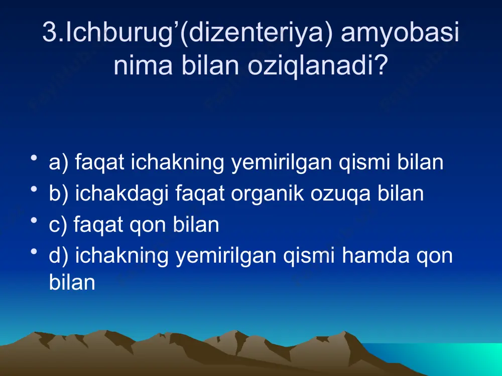 qayerda parazitlik qiladi? a) odam terisi hujayralari ichida b) odam qonining eritrositlarida c) odam terisining yog’ kletchatkasida d) odam qoninng leykotsitlarida 37.vovoksning sharsimon kolonyasi ichki qismi qaysi modda bilan to’lgan? a) suv va mineral tuzlar eritmasi b) suyuq jelatin c) yarim suyuq,kolloid d) quyuq dildiroq modda 38.quydagi organizlarning qaysi biri uzunasiga teng ikkiga bo’linish yo’li bilan ko’payadi? a) gidra b) infizoriya c) evglena d) oq planariya 39.yashil evglena qanday usulda ovqatlanadi? a) yashil o’simlik singari b) tayor organik moddalar c) parazit usulida d) yashil o’simlik va hayvonlar singari 40. zapas oziq moddalarni to’playdigan sodda hayvonlarni belgilang. a) evglenalar b) infuzoriyalar c) bezgak parazitlari d) foramiferalar 41. mamlakatimizda qushlarni qancha turi uchraydi? a) 11 000 b) 400 c) 70 d) 60 42. evglena sista hosil qilganda,qaysi qismi tushib ketadi? a) qobig’i b) vakuolasi c) xivchini d) yadrosi 43. evglenaning yorug’likni sezadigan ko’zchasi qanday rangda bo’ladi? a) rangsiz b) oq c) sariq …