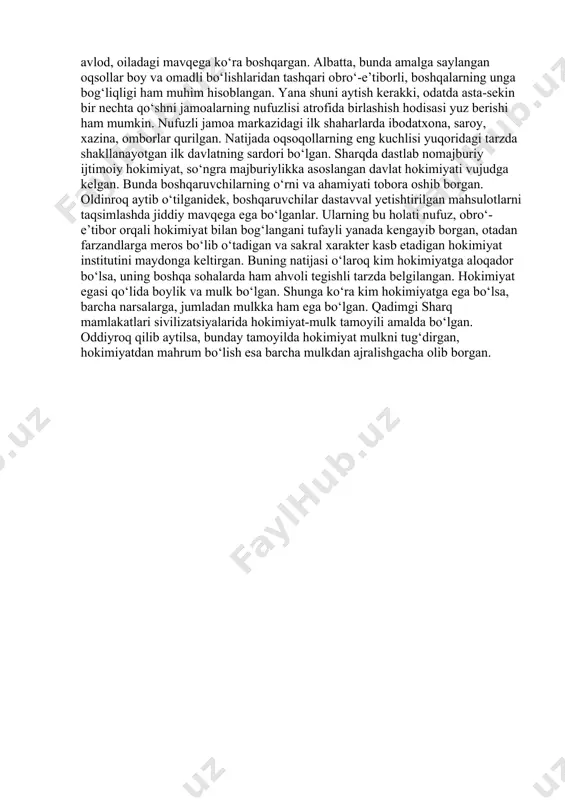 htirib olish vaqtlarini belgilash, zaxira, dollarni sarflash va boshqa juda muhim bo‘lgan vazifalarni bajarishgan. neolit inqilobi sharq sivilizatsiyasining iqtisodiyot sohasida quyidagi o‘ziga xosliklarga ega bo‘lgan: birinchidan, xo‘jalik yurgizish tajribaviy yo‘l bilan o‘zlashtirilgan texnologiya asosida va mavjud ishlab chiqarish masalalari bilan an’anaviy amalga oshirilgan, tovar munosabatlari kam rivojlangan.ikkinchidan, qo‘l mehnati va, umuman, muskul kuchi bilan harakatlantiradigan ishlab chiqarish qurollaridan foydalanilgan.uchinchidan, ziroatchilik va unga asoslangan jamoaning alohida mavqega egaligi oqsoqollar tomonidan boshqarilgan jamoatning yerga egalik qilishi va davlatga renta-soliq to‘lashi tartibi paydo bo‘lgan. to‘rtinchidan, ishlab chiqarishdan orttirilgan jamg‘armaning unchalik katta emasligi va ularning ham noishlab chiqarish sohalarda sarflanishi kuzatilgan. beshinchidan, davlatning hokimiyatga, uning qolgan barcha ko‘rinishlarida ega bo‘lganlarning qo‘lida mulkning to‘planishi oqibatida xususiy mulk ikkinchi darajali ahamiyat kasb etgan. qadimgi sharqda xo‘jalik yuritilishi . qadimgi sharq sivilizatsiyasining ma’naviy sohasi quyidagi tavsiflarni o‘z ichiga olgan:birinchidan, ma’naviy sohada kishilar hayotining konservativligi tufayli dastlab politeistik, so‘ngra monoteistik dinlar belgilovchi o‘rin tutadi. ikkinchidan, afsonalarga notanqidiy yondashish, …