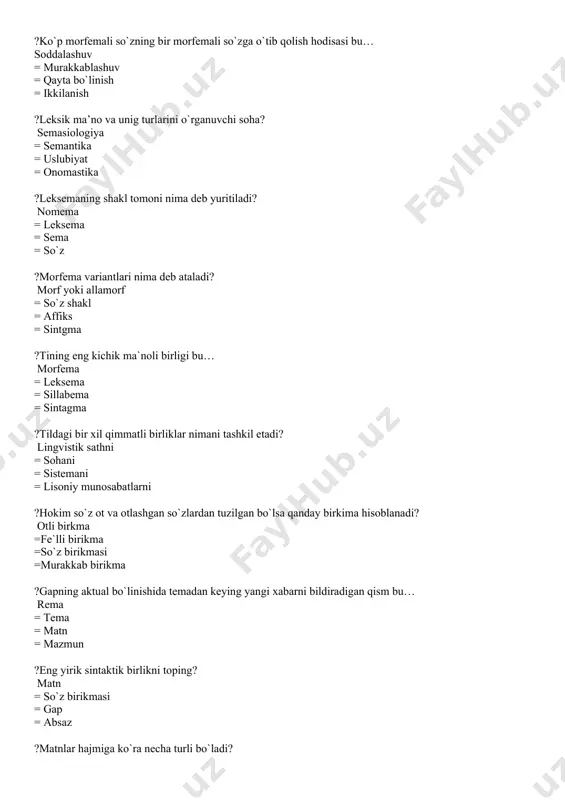 = sinkopa ?tilning asosiy vazifasini yuzaga chiqaruvchi birlik nima? gap. = so’z. = leksema. = morfema. ?ish-harakatning subyekt va obyektga munosabatini ifodalovchi grammatik kategoriya qanday ataladi? fe’l nisbatlari. = zamon. = shaxs-son. = fe’l mayllari. ?asosga zid qo`yiladigan, o`zi qo`shiladigan asosning leksik yoki grammatik ma’nolarining shakllanishida xizmat qiladigan morfema qanday ataladi? affiks. = morf. = affiksoid. = morfa. ?qo`llanishi ma’lum bir territoriya bilan chegaralangan so`zlar qanday nomlanadi? dialektrizmlar. = arxaizmlar. = terminlar. = neytral so`zlar. ?affikslar asosga qo`shilish o`rniga ko`ra qanday turlarga bo`linadi? prefiks, infiks, suffiks. = prefiks, affiksoid, prefiksoidlar. = so`z yasovchi, shakl yasovchi affikslar. = affiksal omonimiya, affiksal sinonimiya. ?sintaksis termini qanday lug`aviy ma’no anglatadi? tuzish. = chizish. = o`qish va yozish san’ati = o`qish. ? ferdinand de sosyurning qaysi kitobi hind-yevropa tillari tadqiqi va qiyosiy tarixiy metod taraqqiyotida alohida o`rin tutadi? “hind-evropa tillari unlilarining dastlabki tizimi haqida ma`lumotlar” =“umumiy tilshunoslik kursi” =“hind-yevropa tillarining sotsiolingvistikasi” =“lingvistik belgi nazariyasi” …