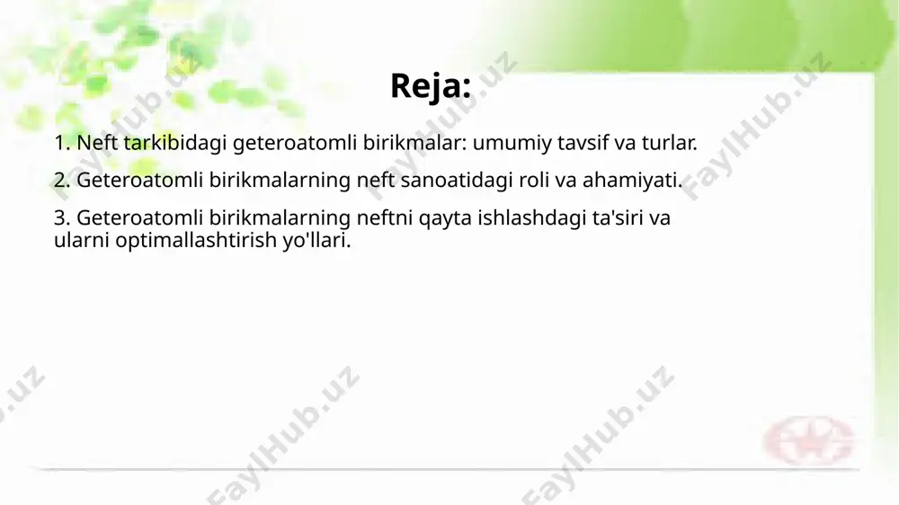 tiga, qayta ishlash jarayonlariga va undan ishlab chiqariladigan mahsulotlarning xususiyatlariga bevosita ta'sir ko'rsatadi. geteroatomlar, masalan, oltingugurt, azot, kislorod, va boshqa kimyoviy elementlar, neftning tarkibida mavjud bo'lib, uning ishlashini va iqtisodiy samaradorligini oshirish yoki pasaytirishi mumkin. oltingugurtli birikmalar neftda eng ko'p uchraydigan geteroatomli birikmalardir. oltingugurtning mavjudligi neftni yoqilg'i sifatida ishlatishda atrof-muhitga zararli moddalar chiqishiga olib keladi, masalan, kükürt oksidlari (sox), bu esa havo ifloslanishiga sabab bo'lishi mumkin. azotli birikmalar neftning sifatiga ham ta'sir ko'rsatadi. bu birikmalar katalizatorlar va oksidlanish jarayonlarida muhim rol o'ynaydi. ular, shuningdek, neftning yonish jarayonini yomonlashtirishi mumkin. azotli birikmalarni boshqarish va kamaytirish neftni samarali va ekologik toza ishlatish uchun zarur. kislorodli birikmalar, neftning qayta ishlanishi va undan mahsulotlar ishlab chiqarishda ahamiyatga ega. ular, asosan, kislotalar, esterlar va boshqa birikmalarni tashkil etadi, bu esa neftning fizik va kimyoviy xususiyatlarini o'zgartiradi. kislorodli birikmalarni boshqarish neftni sifatli yoqilg'i va kimyoviy mahsulotlar ishlab chiqarishga yordam beradi. etiboringiz uchun rahmat! image1.jfif image2.jpeg image3.jpeg …