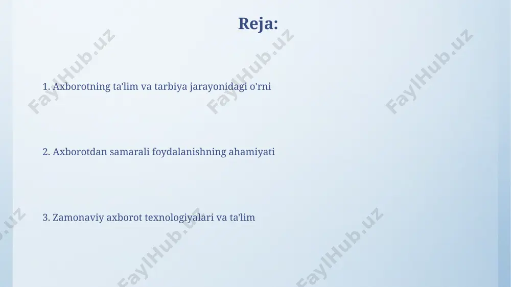 ash ko'nikmalari interaktiv o'quv resurslari, jumladan, 10 dan ortiq onlayn platformalar va dasturlar bilan ishlash ko'nikmalari o'qituvchiga zamonaviy ta'lim texnologiyalaridan samarali foydalanish imkonini beradi. o'qituvchining samarali axborot qidirish, tanlash va tahlil qilish ko'nikmalari uning 50% dan ortiq dars samaradorligiga ta'sir ko'rsatadi, chunki zamonaviy pedagogika axborot kompetensiyasini talab qiladi. axborot manbalaridan samarali foydalanish multimedia axborot manbalari, jumladan, video va audio materiallar, matnli ma'lumotlarga nisbatan miya tomonidan 25% tezroq qabul qilinadi va esda saqlanadi, bu esa o'rganish samaradorligini oshiradi. o'quv jarayonida axborot manbalaridan foydalanish samaradorligini oshirish uchun 70% vaqtni faol o'qishga, 30% ni esa ma'lumotlarni tahlil qilish va umumlashtirishga ajratish tavsiya etiladi. ota-onalar va axborot ta'siri interaktiv o'yinlar va ta'lim dasturlaridan foydalanish bolalarning axborotni qabul qilish va qayta ishlash ko'nikmalarini 2-3 baravar oshirishi mumkin, bu ularning bilim olish jarayoniga ijobiy ta'sir qiladi. ota-onalarning bolalarga axborotni tanqidiy baholash ko'nikmalarini o'rgatishga 70% ga yaqin vaqti ketadi, bu esa noto'g'ri ma'lumotlar ta'siridan himoya qilishda muhim …