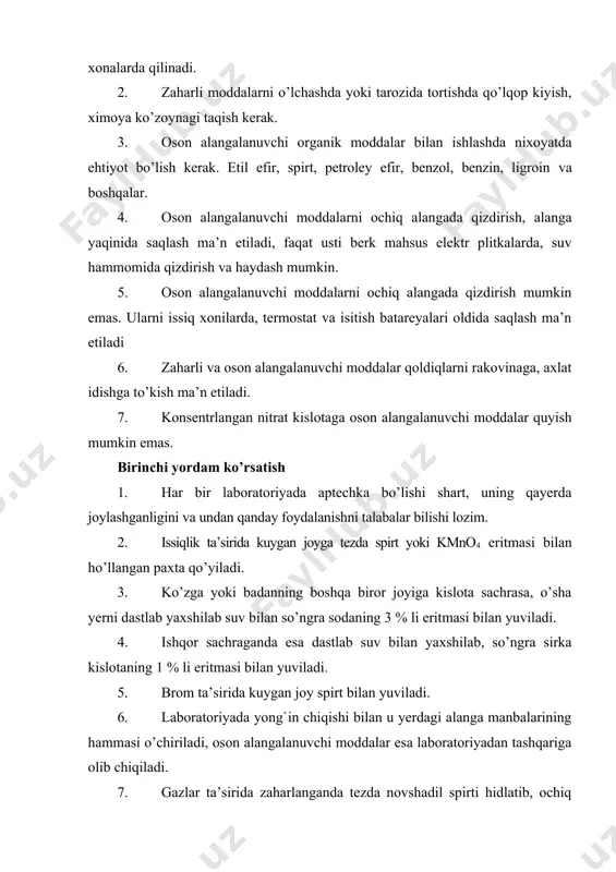 balar bilishi lozim. 2. issiqlik ta’sirida kuygan joyga tezda spirt yoki kmno4 eritmasi bilan ho’llangan paxta qo’yiladi. 3. ko’zga yoki badanning boshqa biror joyiga kislota sachrasa, o’sha yerni dastlab yaxshilab suv bilan so’ngra sodaning 3 % li eritmasi bilan yuviladi. 4. ishqor sachraganda esa dastlab suv bilan yaxshilab, so’ngra sirka kislotaning 1 % li eritmasi bilan yuviladi. 5. brom ta’sirida kuygan joy spirt bilan yuviladi. 6. laboratoriyada yong`in chiqishi bilan u yerdagi alanga manbalarining hammasi o’chiriladi, oson alangalanuvchi moddalar esa laboratoriyadan tashqariga olib chiqiladi. 7. gazlar ta’sirida zaharlanganda tezda novshadil spirti hidlatib, ochiq havoga olib chiqiladi. 8. shisha kesgan joy dastlab shisha siniqlaridan tozalanadi, so’ngra yodning 3% li eritmasi tekqiziladi va sterillangan bint bilan bog`lanadi. adabiyotlar: 1. q. axmerov, a. jalilov, r. sayfutdinov. umumiy va anorganik kimyo. toshkent: “o’zbekiston”, 2003. 2. k. rasulov, sh. mirkomilov, m. nishonov, m. sodiqov. anorganik kimyo. toshkent: fan va texnologiya, 2012. 3. к. расулов, о. …