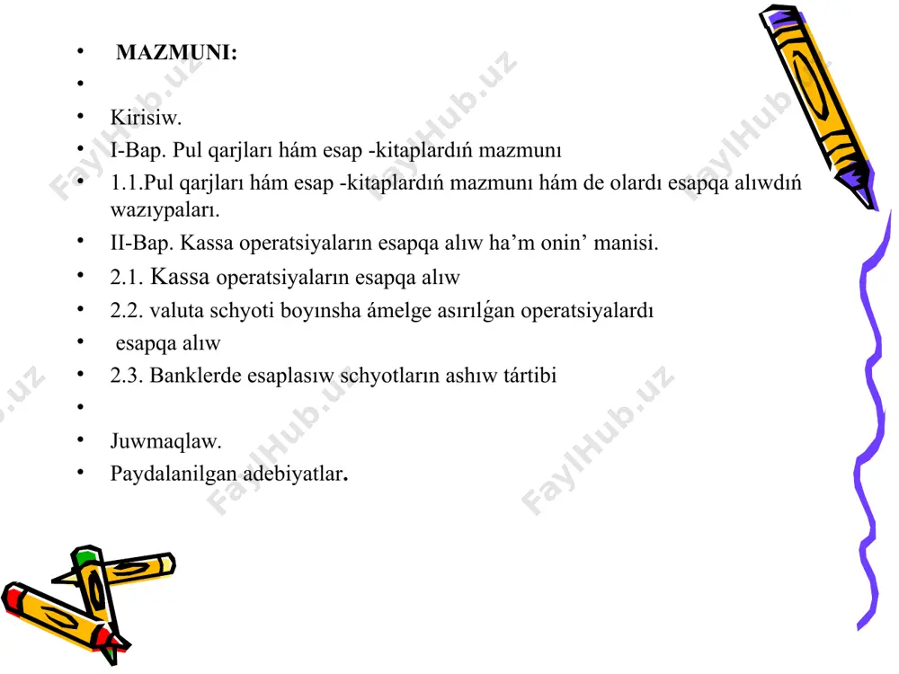 rdı jolġa qoyıw yaġnıy jáhan standartlarına juwap beretuġın esap-kitap jumısların júritiw, shet elli investiciyalardı alıp keliw hám óziniń miynet, materiallıq, finanslıq resurslarınan durıs paydalanıw arqalı óziniń maqsetlerine erisiw múmkin ekenligin belgilep aldı. i-bap. pul qarjları hám esap -kitaplardıń mazmunı 1.1.pul qarjları hám esap -kitaplardıń mazmunı hám de olardı esapqa alıwdıń wazıypaları. bazar qatnasları sharayatında xojalıq jurgiziwshi subyektlarning islep shıǵarıw processinde mudami basqa xojalıqlar menen ekonomikalıq baylanısda boladılar. bunday baylanısların aparıw xojalıqlardıń tiykarǵı iskerligi esaplanadı hám islep shıǵarıw procesiniń úzliksizligi, ónimlerdi waqıtında jıberiw hám de satıw procesi támiyinlenedi. xojalıq baylanısları shártnamalar menen rásmiylestirilip, olarǵa tiykarlanıp bir tárep ónim (jumıs hám xızmet) larni usınıs etiwshi (satıwshı ), ekinshi tárep bolsa - qarıydar retinde qatnasıp, tólewdi ámelge asırıwshı bolıp qatnasadı. ónim (jumıs hám xızmet) larni jetkezip beretuǵın menen onıń haqini tólewshiler arasındaǵı esaplawıwlar waqıtında dúziliwi aylanba aqshalardıń aylanıw tezleniwine tásir etip, alınatuǵın hám tolıqnatuǵın aqshalardıń payda bolıwına toqtatıw beredi. sonıń menen birge, xojalıqlardıń …
