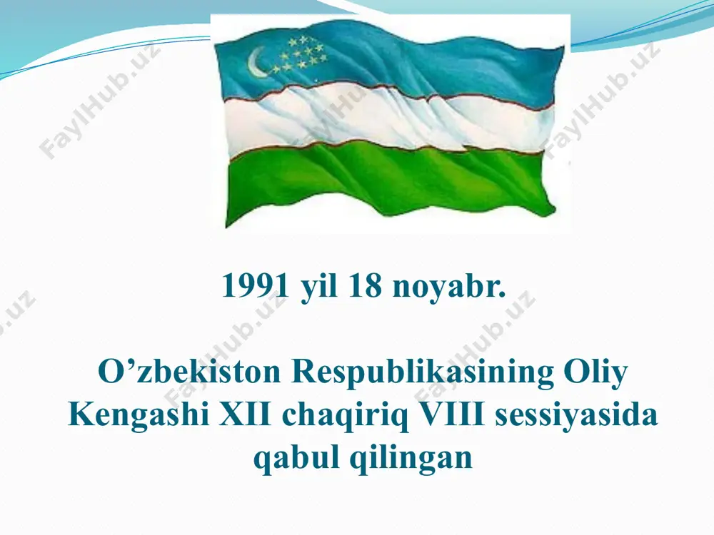 ay (80, 93, 108, 109-moddalar) 9. 2017 yil 29 avgust (99 va 102-moddalar) 10. 2018 yil 15 oktabr (105-modda) davlat madhiyasi 1992 yil 10 dekabr o’zbekiston respublikasining oliy kengashi xii chaqiriq xi sessiyasida qabul qilingan 10 o'zbek modeli iqtiso-diyotni mafkuradan xoli qilish qonun ustuvorli-gini ta'minlash davlat bosh islohotchi kuchli ijtimoiy siyosat islohotlar-ni bosqich-ma-bosqich amalga oshirish 11 mustaqilligimizni qo'lga kiritdik, eng avvalo milliy davlatchiligimiz tiklandi jahondagi mustaqil va suveren davlatlar qatoridan munosib o'rin egalladik o'zini oqlamagan eski, mustabid tuzumdan butunlay voz kechildi biz tanlagan, o'zimizga xos va o'zimizga mos rivojlanish yo'lining naqadar to'g'ri va hayotiy ekanini tasdiqlab bermoqda chuqur o'ylangan, milliy manfaatlarimizga to'la javob beradigan islohotlarga asoslangan, butun dunyoda “o'zbek modeli” degan nom bilan tan olingan taraqqiyot strategiyasi amalga oshirildi tarixga nazar 1980 yillarda respublikamizda 107 ta paxta tozalash zavodi, 409 ta quritish-tozalash tsexlariga ega bo'lgan paxta punktlari ishlardi. respublikamizning to'qimachilik sanoati esa etishtirilgan paxta tolasining atigi 10%ni qabul qilish va …